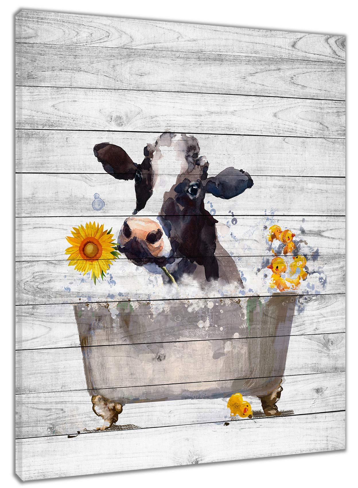 HVEST Farm Cow Wall Art Funny Farmhouse Cow with Sunflower on Rustic Planks Canvas Abstract Painting Framed Modern Artwork Ready to Hanging for Bathroom Bedroom Living Room Decor,12x16 Inchs