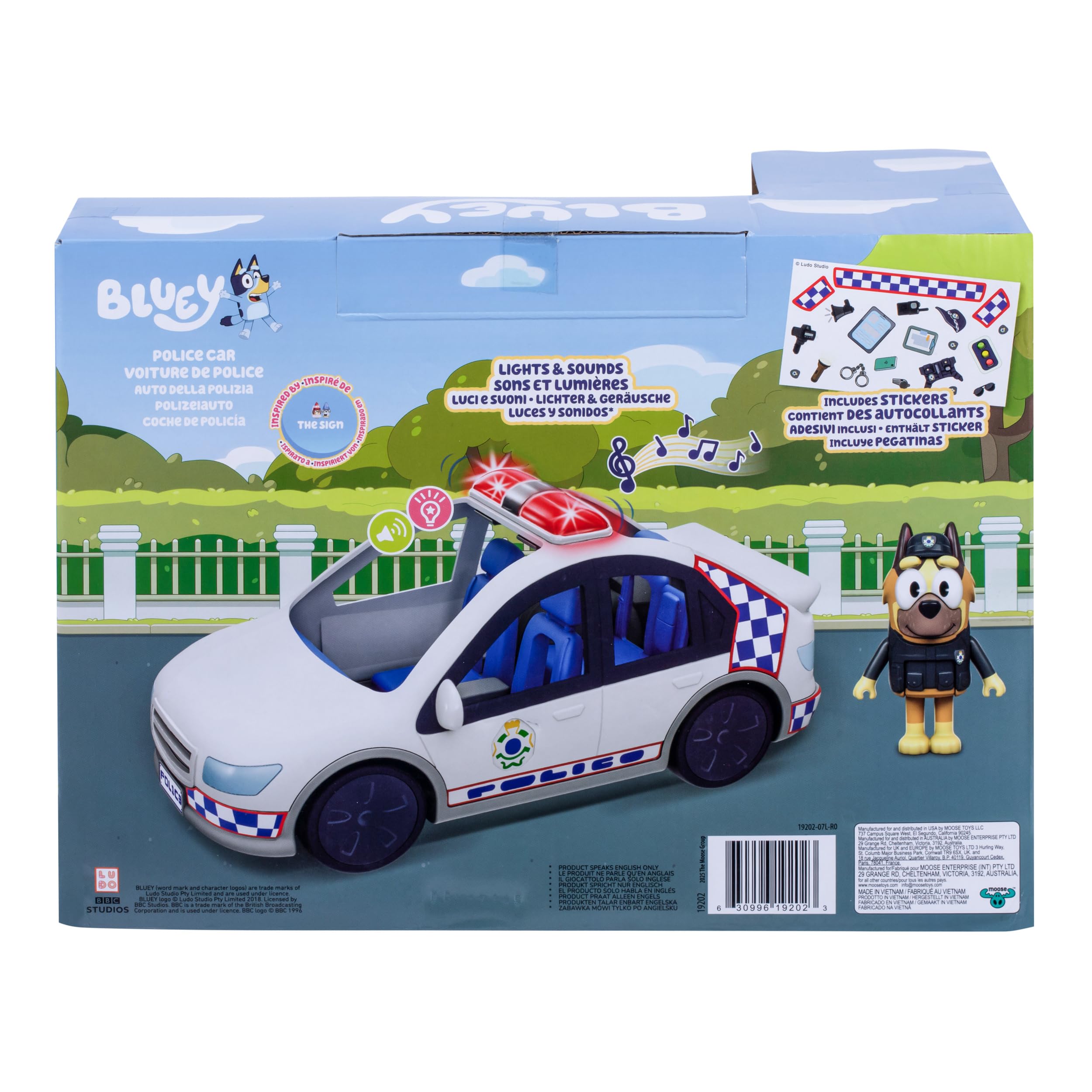 Coche de policía de Bluey; vehículo del Episodio Especial El Cartel; Incluye un Coche de con Luces y Sonidos, una Figura de y una Hoja de Pegatinas temáticas; Pilas Incluidas
