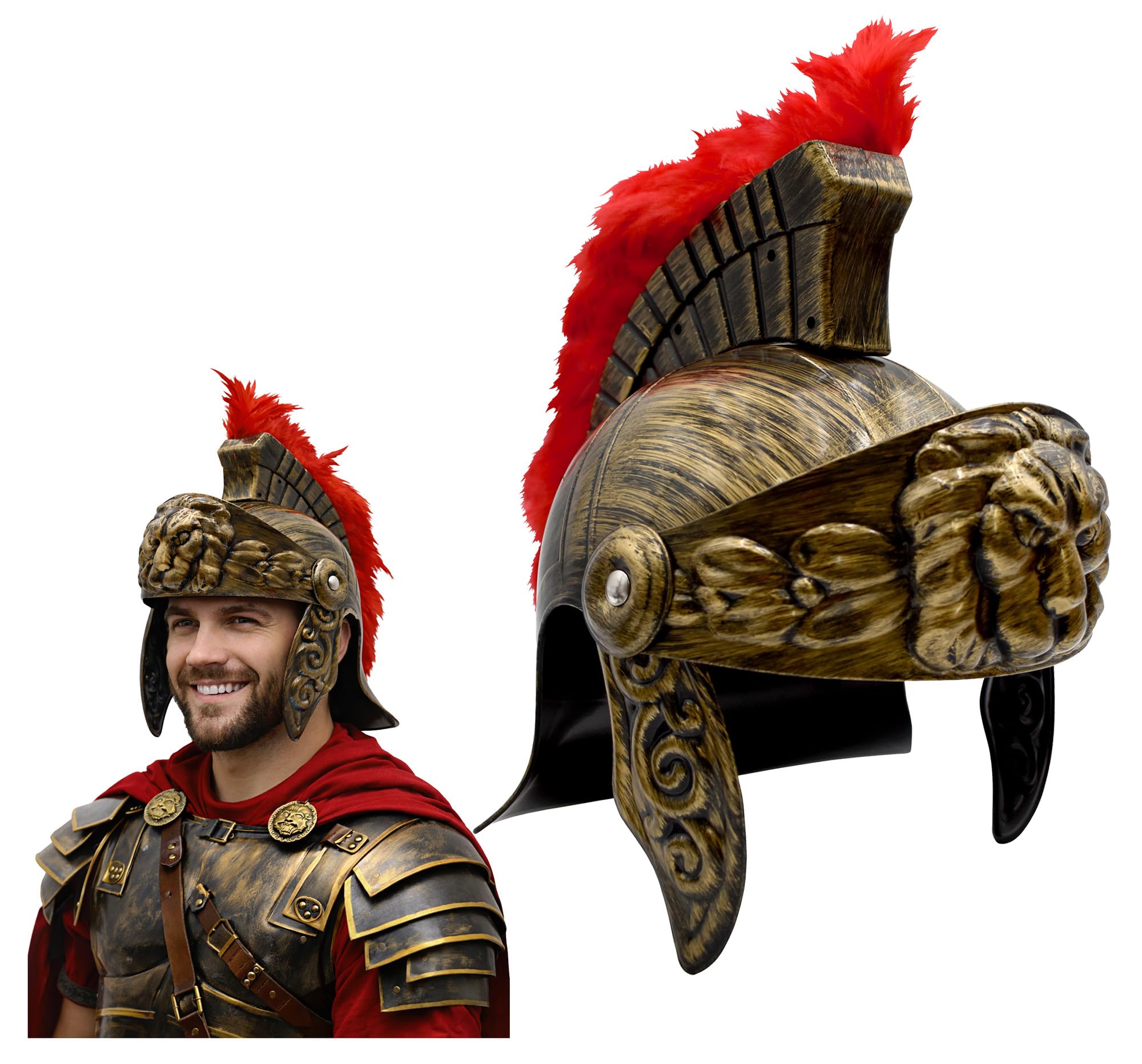 Adult Roman Helmet With Red Fake Feather Plume Greek Gladiator Costume Helmets Trojan Legion Helmet