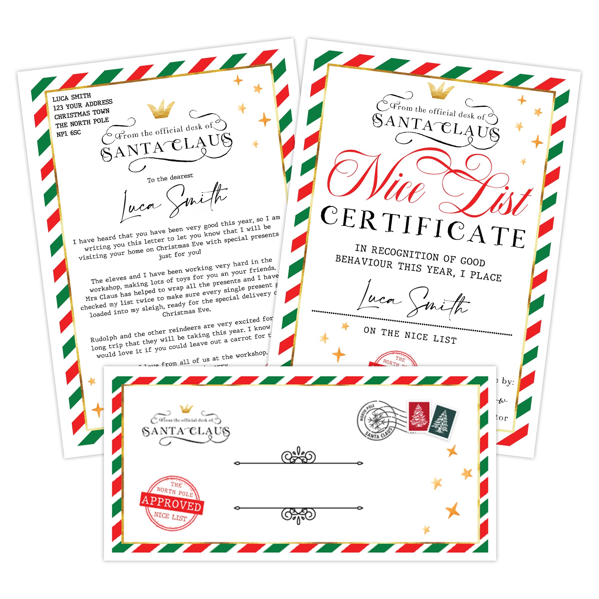 Print Maniacs Christmas Letter from Santa Personalised Santa Nice List Certificate with Envelope Personalised Christmas Letter from Santa to Kids Santa Letter Set