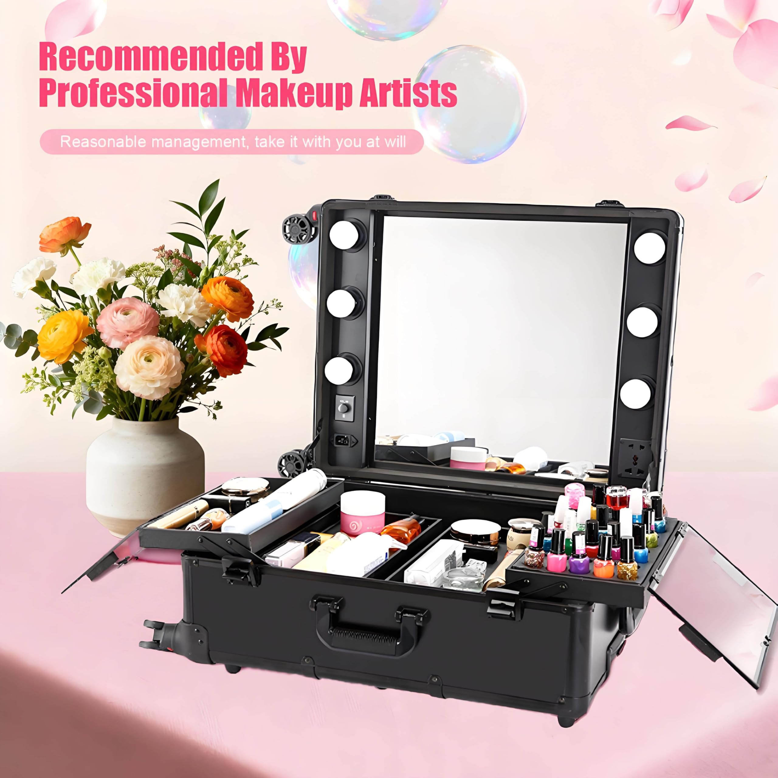 Tavolo da Trucco Professionale con Ruote, Portatile, Pieghevole, Supporto Nascosto e Ruote, Valigetta per Il Trucco Multifunzionale, Adatta a Truccatori Ed Estetiste, con Luce LED Pink