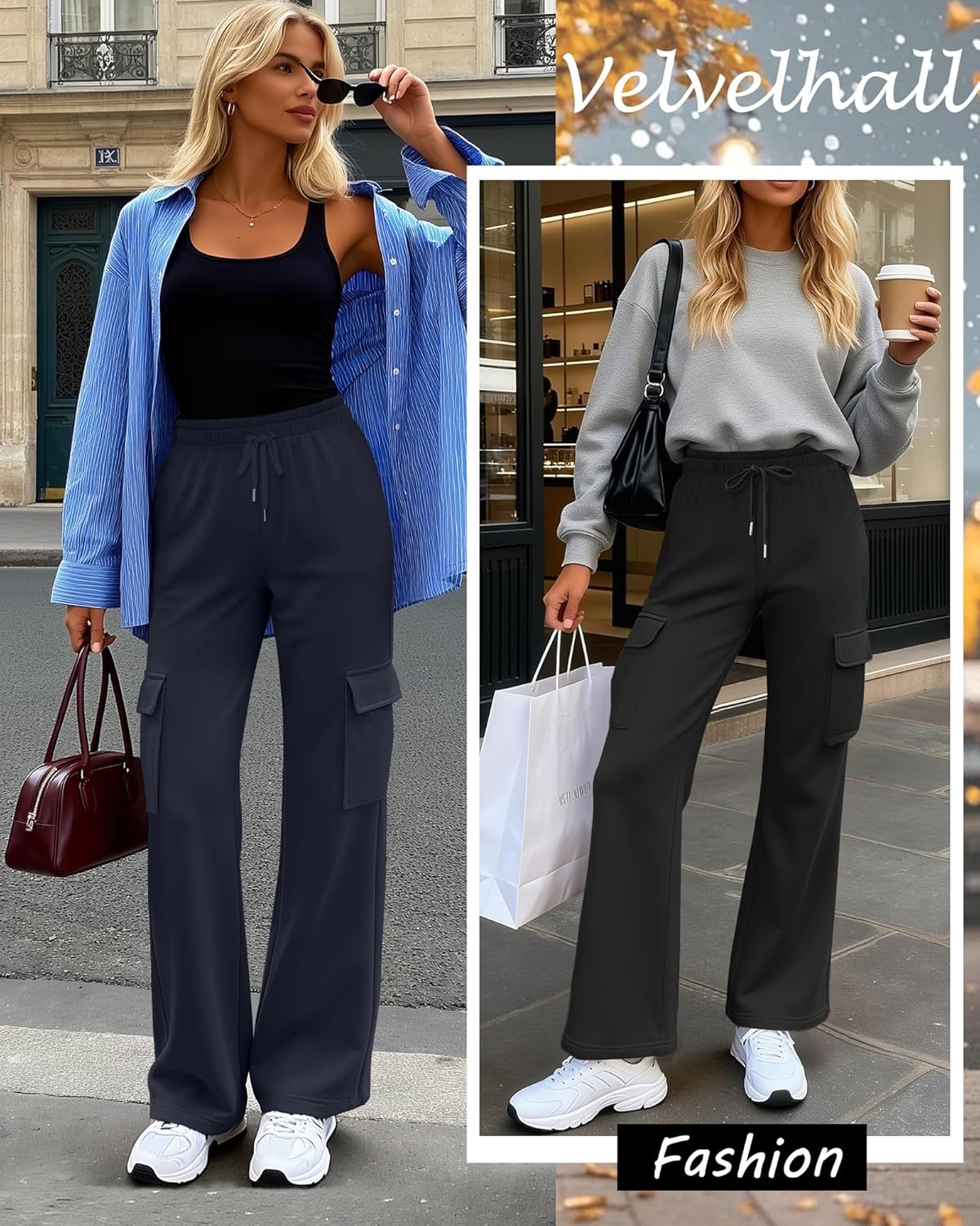 3 Pack Women's Cargo Sweatpants Wide Leg Baggy Casual Athletic Pants Drawstring Lounge Joggers with 4 Pockets(Black, Navy Blue, Wine Red,Large) - Image 2