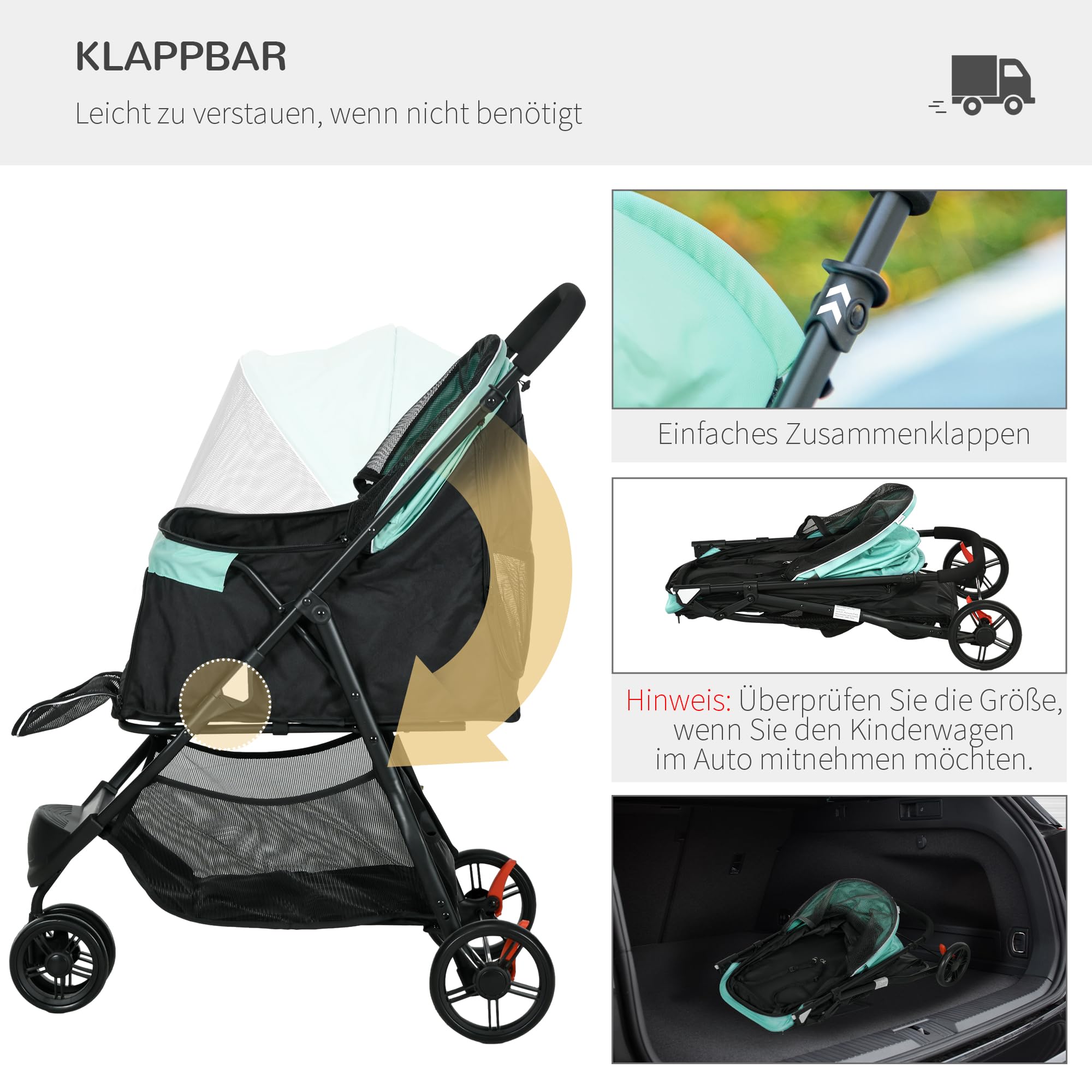 PawHut Hundewagen 2 in 1 Hundebuggy klappbar für Hunde & Katzen bis 10 kg Katzenbuggy mit Kissen Netzfenstern Türen Aufbewahrungskorb Katzenwagen Buggy Grün