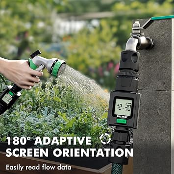 RESTMO Smart Water Flow Meter, Bluetooth and WiFi-enabled Garden Hose Meter | 180° Adaptive, Measuring Gallon/Liter Consumption & Flow Rate for Garden Watering, RV Filling, Sprinklers & Nozzle