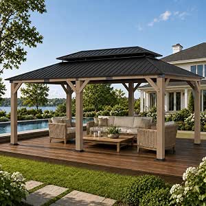 12x20 Hardtop Cedar Wood Gazebo with Metal Roof and Ceiling Hook
