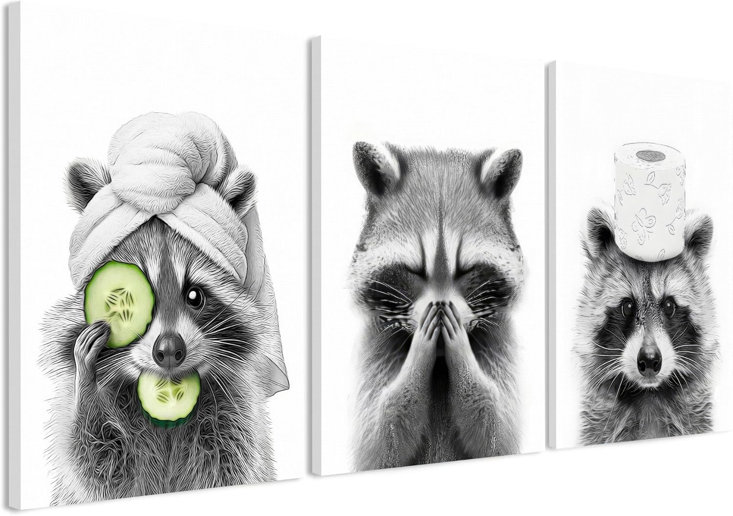Adorable Raccoon Bathroom Decor Wall Art Funny Animal Bathroom Wall Art Black and White Canvas Art Prints Ready to Hang Rustic Farmhouse Interesting Pictures for Washroom Restroom 12'' x 16''