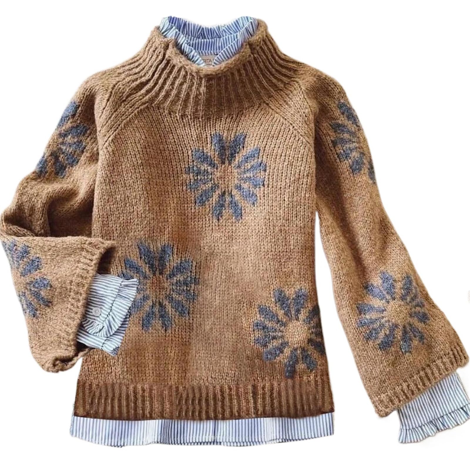 Sweaters for Women Floral Mock Neck Oversized Long Sleeve Cable Knit Pullover Jumper Chic Tops