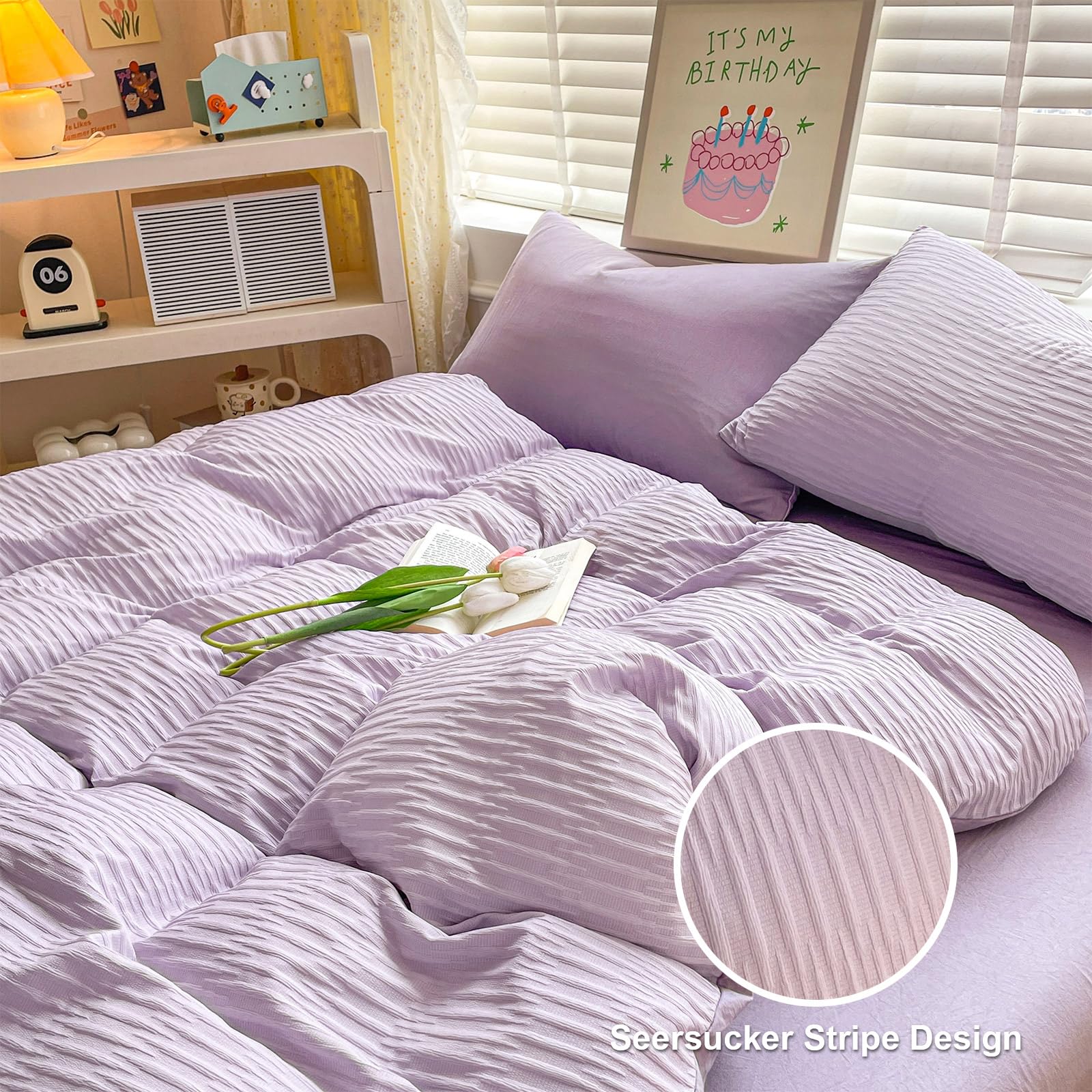 Seersucker Duvet Cover Set Double Size Beddding Set including Pillowcases for Teens Adults Soft Microfiber Polyester Seersucker Bedding - Image 4