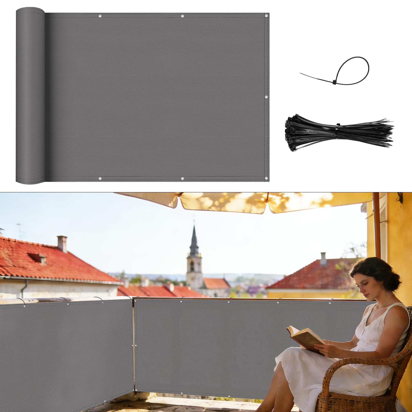 Shade&Beyond Brise Vue Balcon 110x600cm, Imperméable Cache Vue Balcon, Protection UV, résistant au Vent avec Cable Ties pour Exterieur Terrasse, Clôture, Patio, Gris foncé