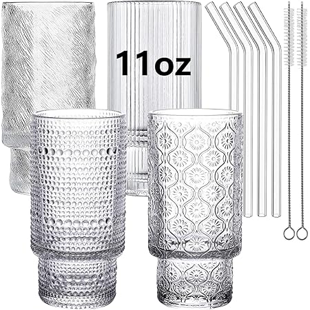 Ribbed Drinking Glasses, Ribbed Glass Cups 11oz, Ribbed Glassware 4pc Set, Vintage Glassware for Whiskey Cocktail Glasses, Iced Coffee cup Coffee Bar Accessories
