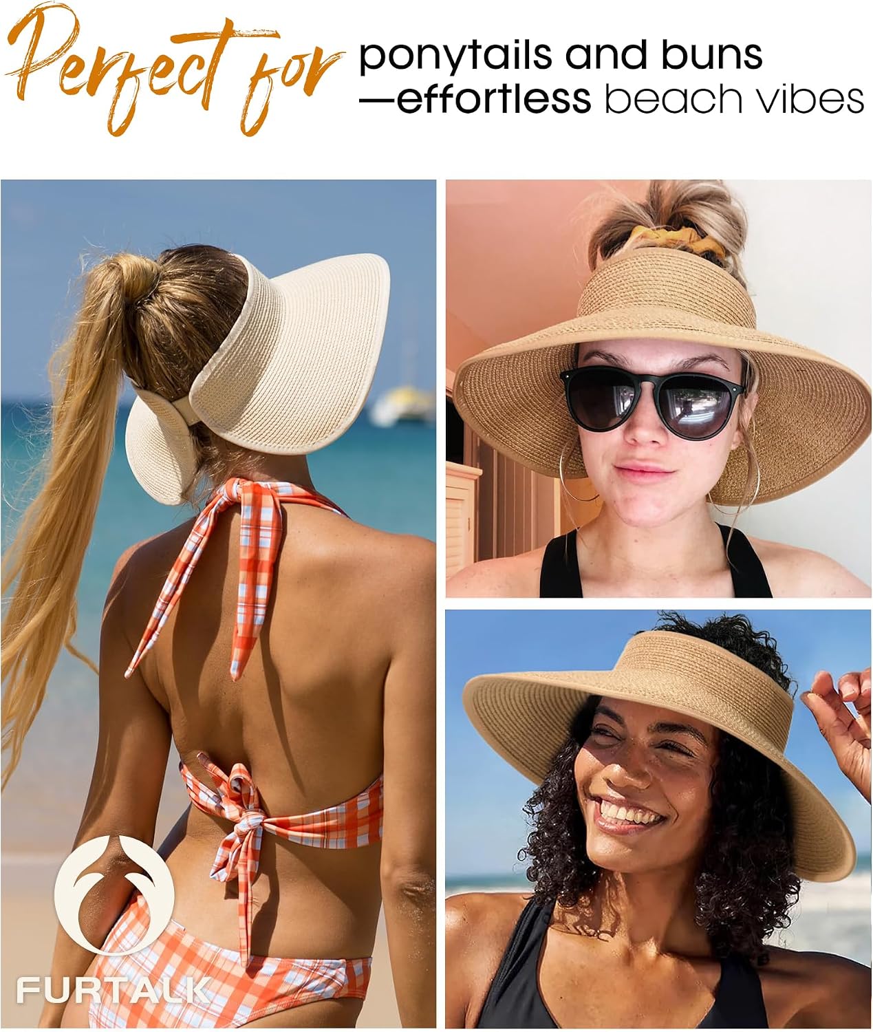 Womens Sun Visor Hats Wide Brim Straw Beach Hat UV Protection Ponytail Packable Beach Vacation Essentials