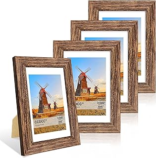 4x6 Picture Frame Set of 4, 4 x 6 Wood Photo Frames with Mat for 3.5x5, Natural Wooden Frame with Real Glass Cover for Wall and Tabletop Display,Rustic Brown