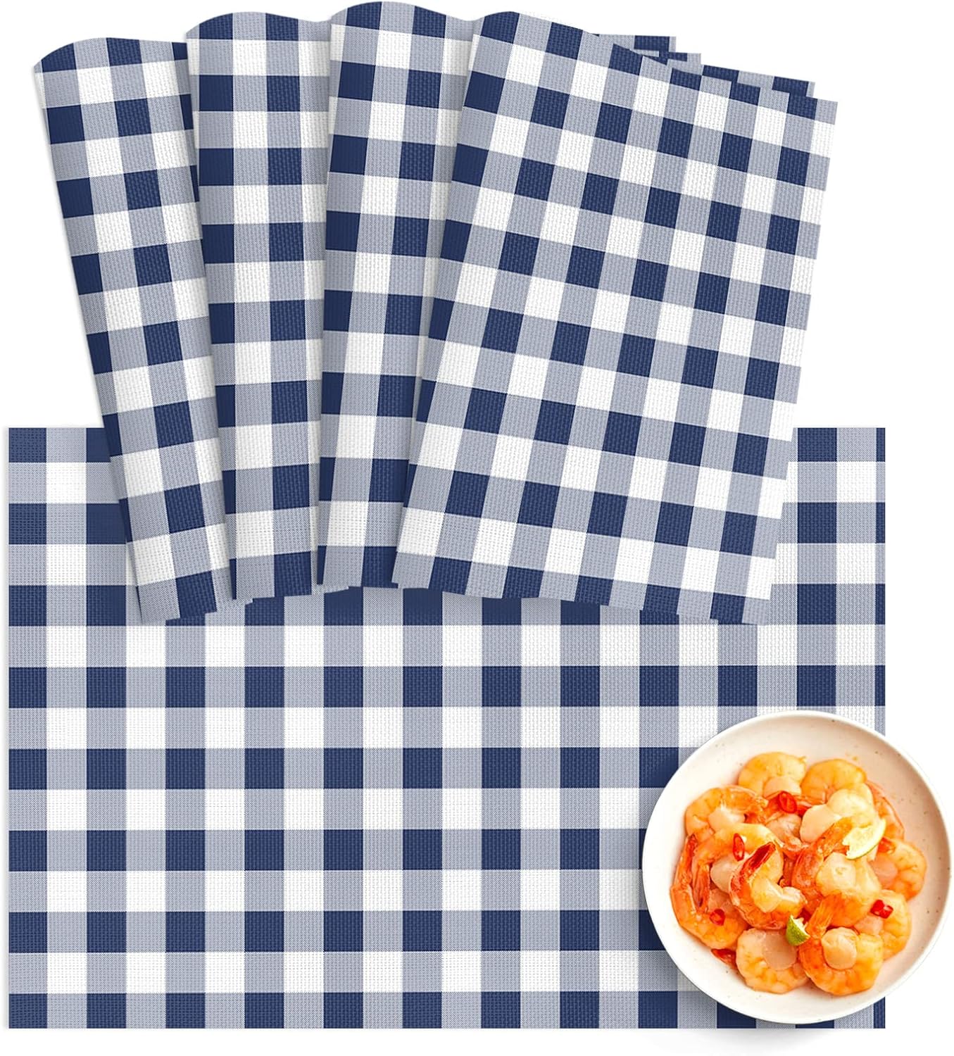 Rustic Navy White Checkered Buffalo Plaid Placemats Set of 4, Washable PVC Kitchen Table Mats, Blue Pattern Farmhouse Woven Vinyl Placemat for Dining Table