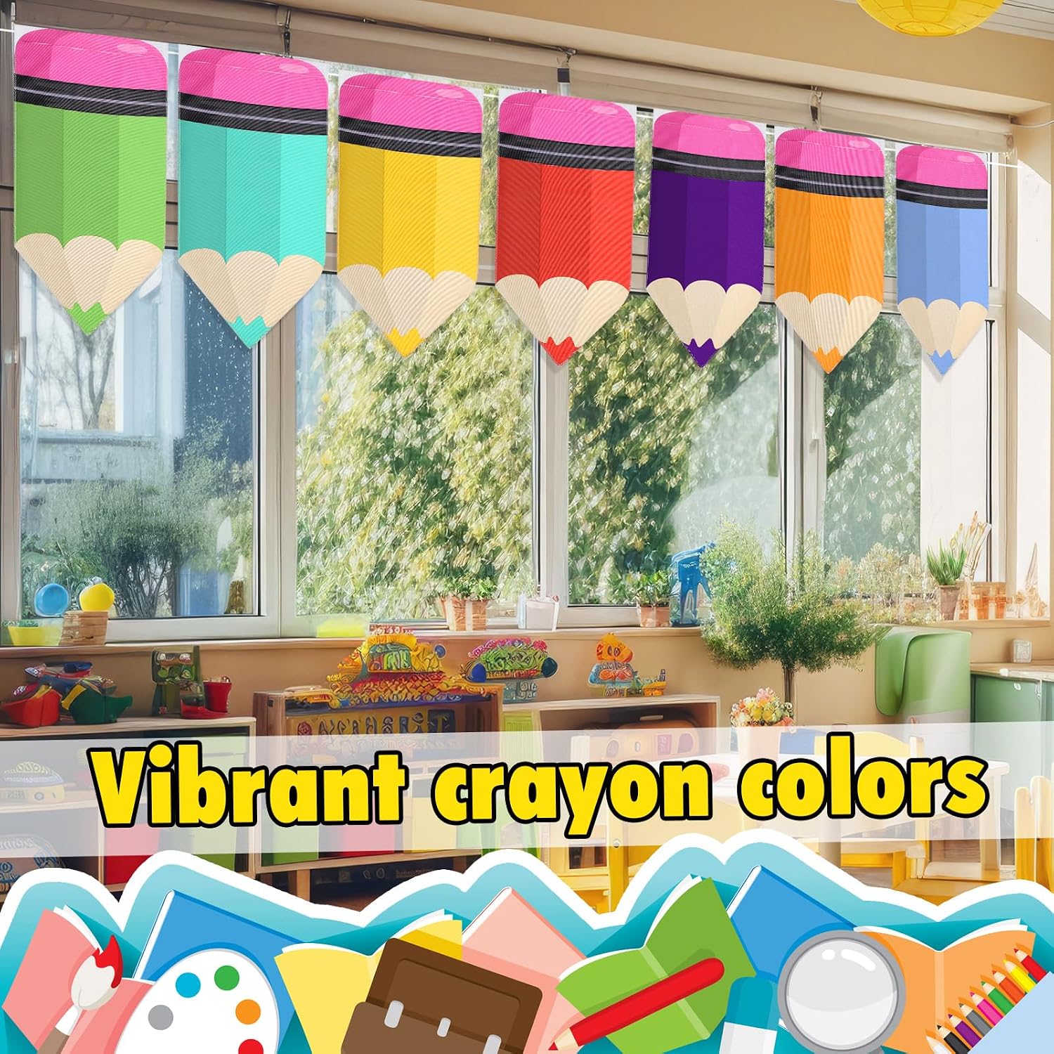 Rainbow Pencil Curtains for School Classroom - 8 Pcs Back to School Supplies for First Day Decor - Colorful Bedroom Decorations (24 x 12 Inches, 8 Colors)