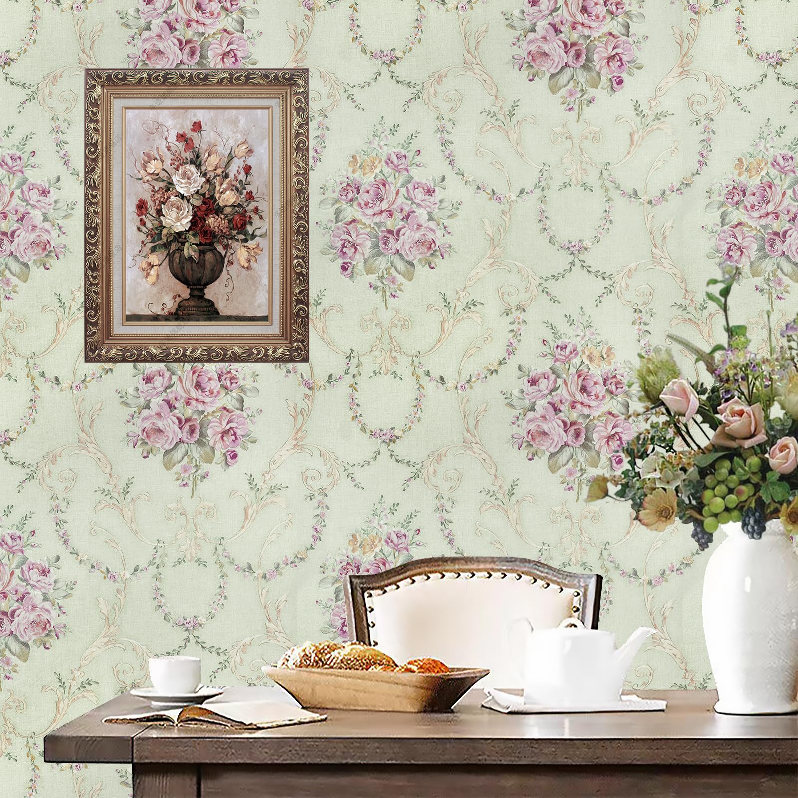 Anmon Green Floral Wallpaper Peel And Stick,Renter Friendly Green Floral Wallpaper,Victorian Boho Vintage Contact Paper,Removable Waterproof Botanical Wall Paper For Bedroom,Home Wall 17.7''×118