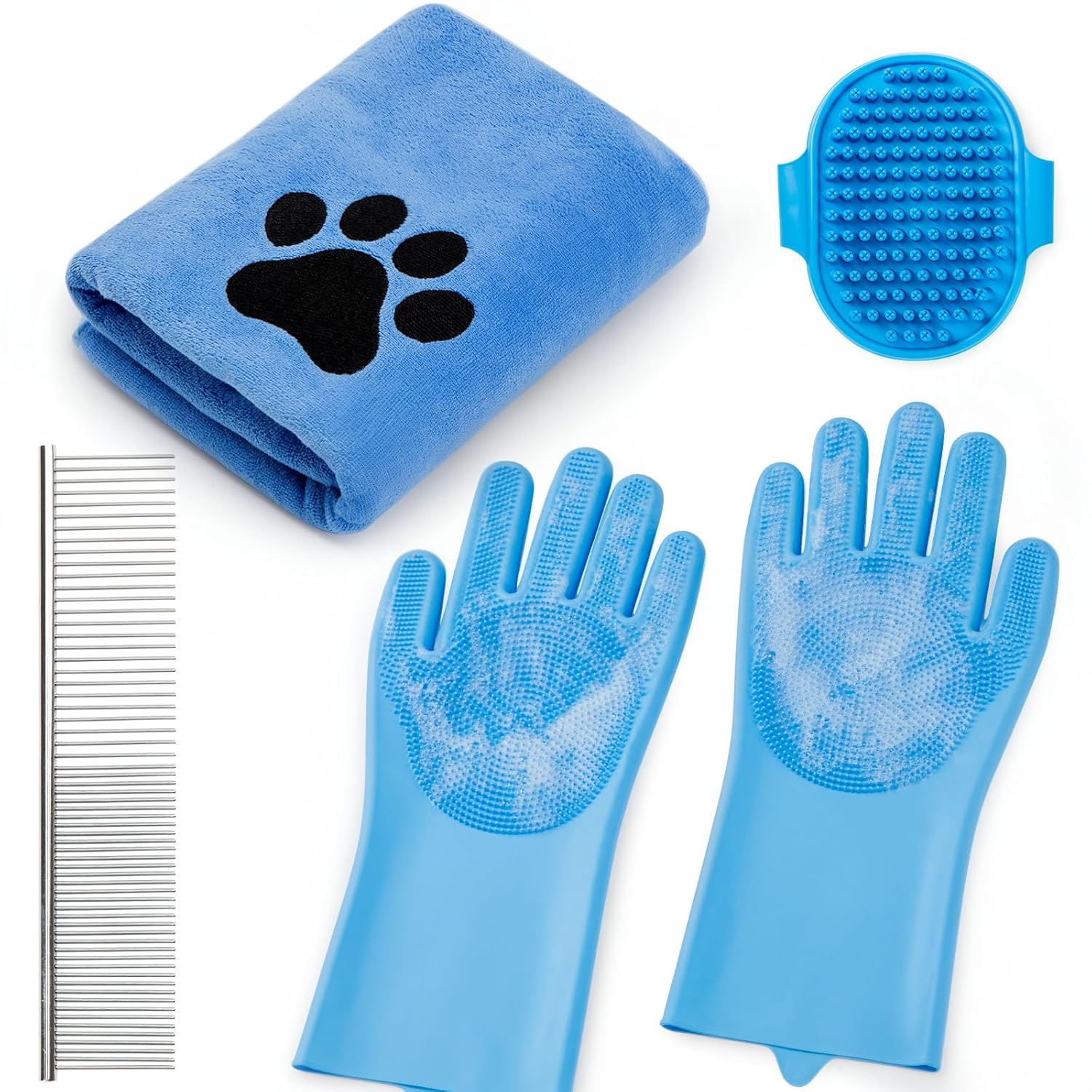 Pet Shower & Bath Supplies，Dog Shampoo Brush Set with Towel, Washing Gloves,Comb for Dogs and Cats (PINK)