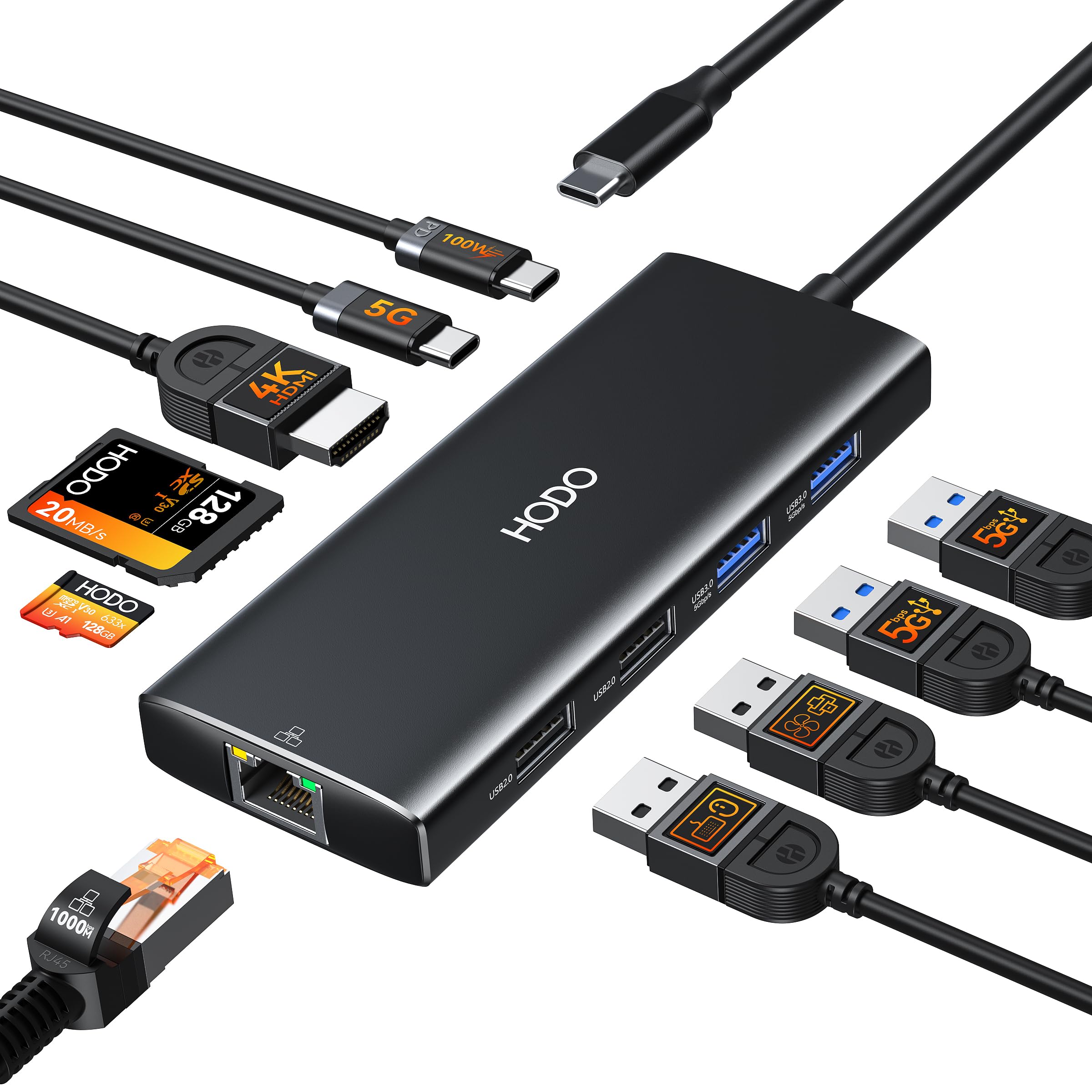 HODO Koncentrator USB C Ethernet do MacBook Air/Pro, adapter Mac Book akcesoria 10 w 1 z 4K 60 Hz HDMI, Ethernet, 100 W PD, gniazdo kart SD TF, 4 USB i port danych USB-C, klucz sprzętowy typu C do
