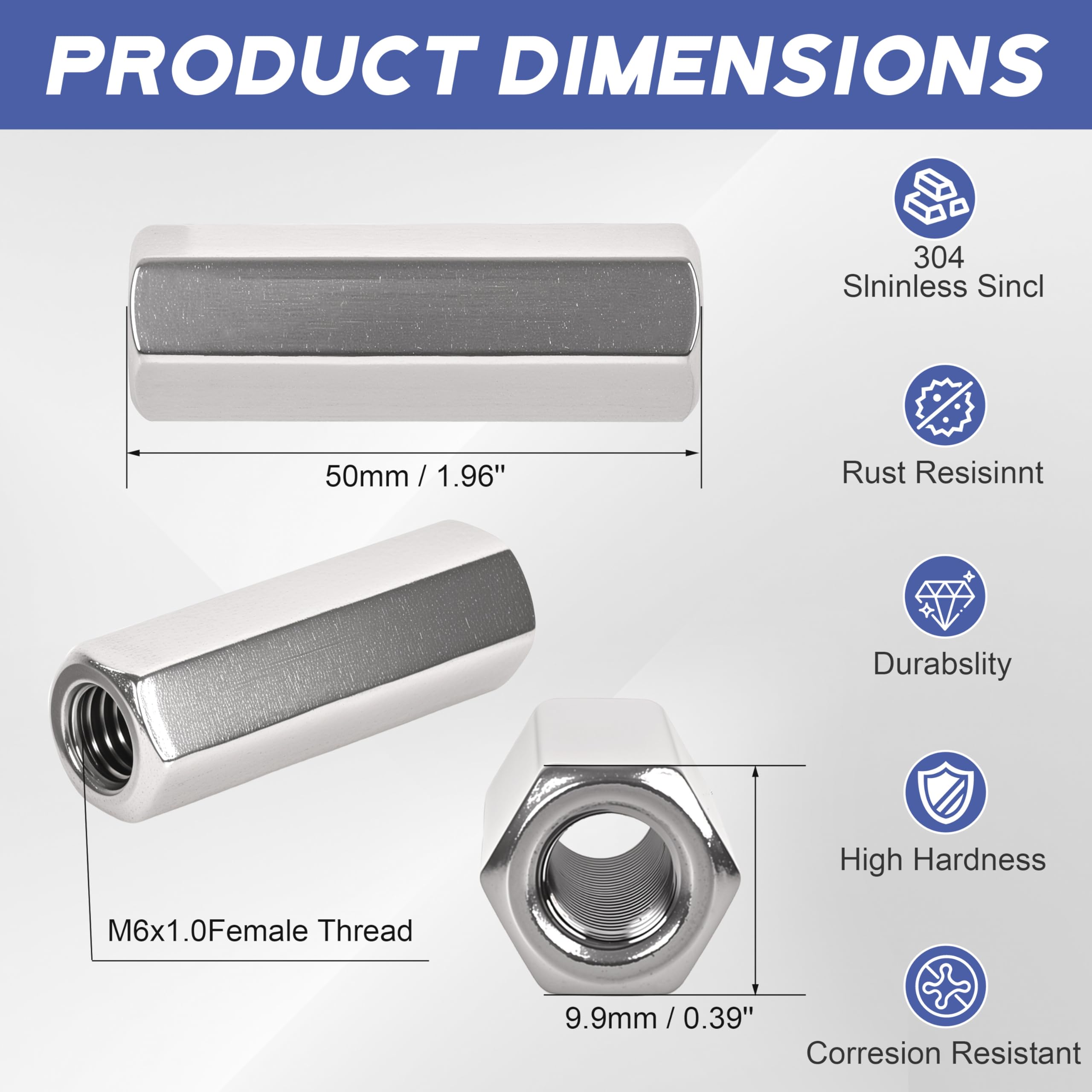 304 Stainless Steel Coupling Nuts - M6 x 1.0 -2 304 Stainless Steel Coupling Nuts - M6 x 1.0 -2
