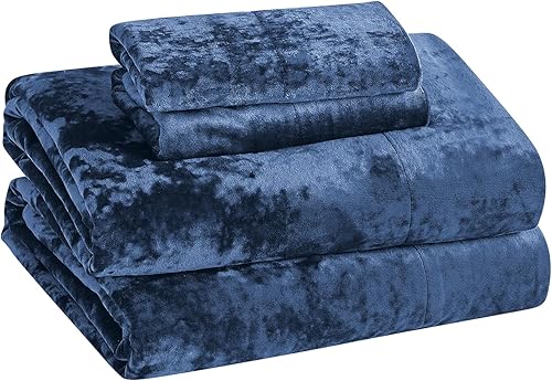 Miniatura 4 de Fredsure Juego de sábanas de terciopelo envejecido, 4 piezas, azul marino, tamaño Queen, ultra suave, cálido
