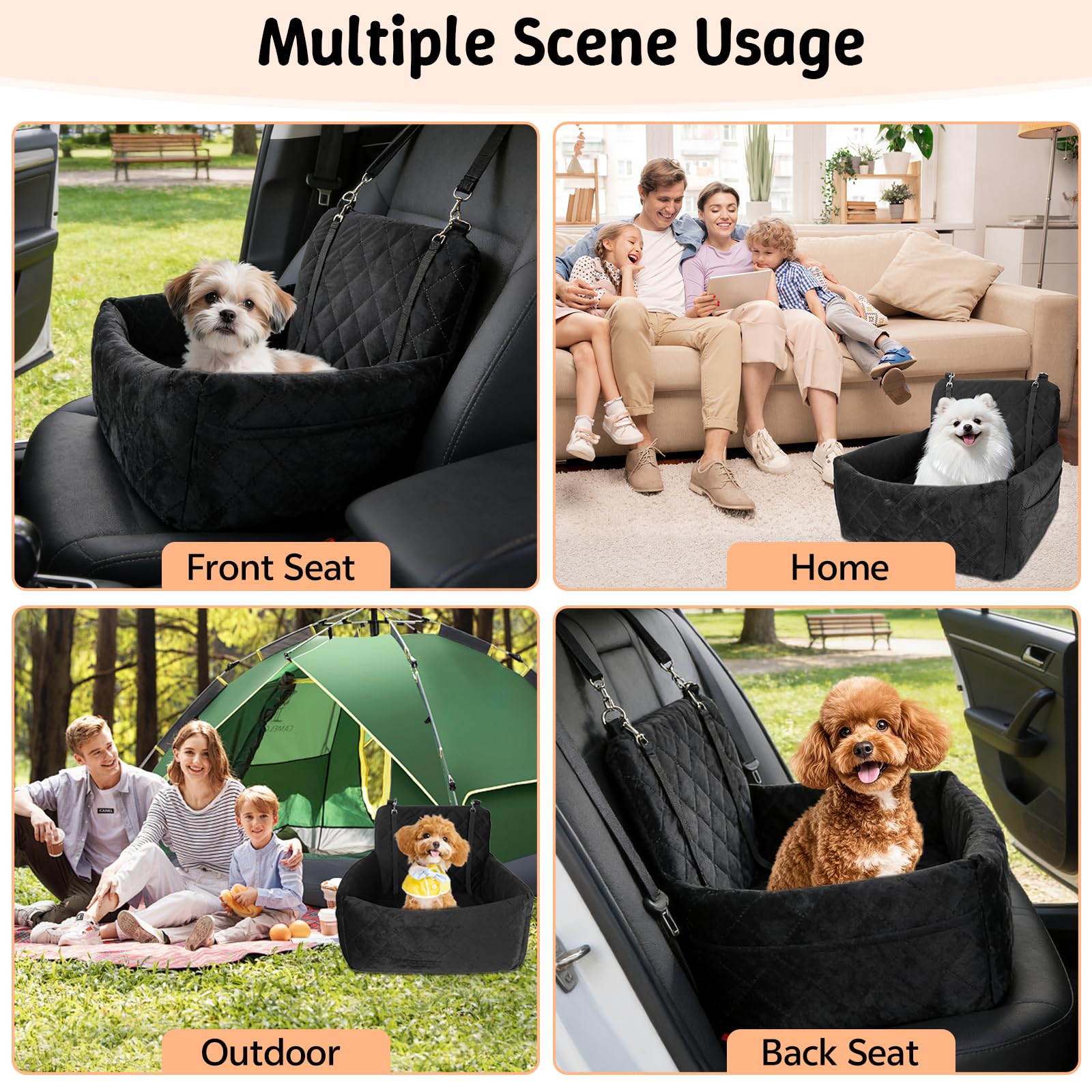 Asiento de coche para perros pequeños, cama de coche para perros con espuma viscoelástica gruesa, asiento elevador para cachorros para perros pequeños, lavable desmontable y 2 cinturones de
