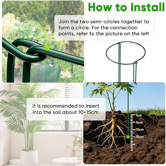 HiGift 16 Pack 24 Inch Plant Support Stakes, 10 Wide x 24 High Half Round Metal Garden Plant Stake Peony Support Cage, Green Plant Support Ring Border for Tomato,Hydrangea,Flower Indoor Outdoor