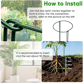 HiGift 16 Pack 24 Inch Plant Support Stakes, 10 Wide x 24 High Half Round Metal Garden Plant Stake Peony Support Cage, Green Plant Support Ring Border for Tomato,Hydrangea,Flower Indoor Outdoor