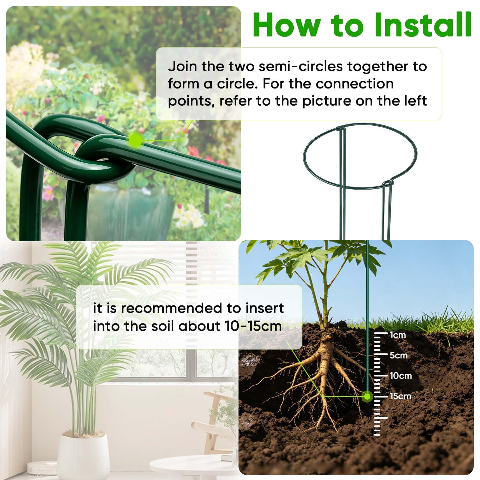 HiGift Lot de 8 piquets de Support pour Plantes de 61 cm, 25,4 cm de Large x 61 cm de Haut, Demi-Ronds en métal, Cage de Support pour Plantes Vertes, Bordure pour Tomate, Hortensia, Fleur d'intérieur