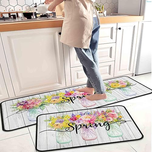 Juego de 2 alfombras decorativas de cocina de floreros y flores, decoración del hogar, antideslizantes, decoración de cocina de vacaciones 17 x 47