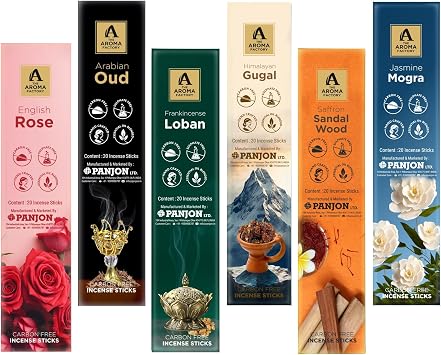 The Aroma Factory Premium Incense Sticks for Pooja | Set of 6 Fragrances Gift Pack Oud, Mogra, Loban, Sandalwood, Rose, Gugal 120 Agarbatti 6 x 20 Sticks Each