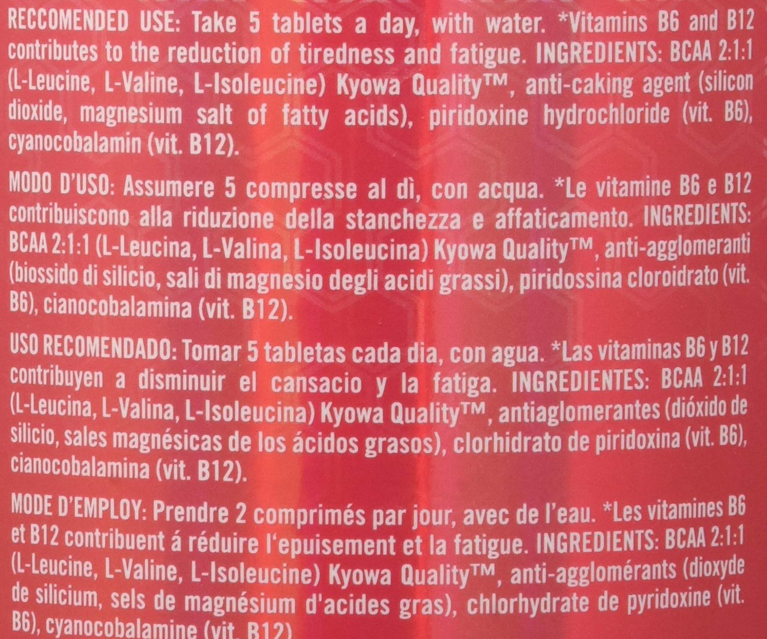 Integratore Alimentare di Aminoacidi Ramificati, Riduce la Stanchezza e la Fatica, Con Vitamina B6 e B12, 400 Compresse
