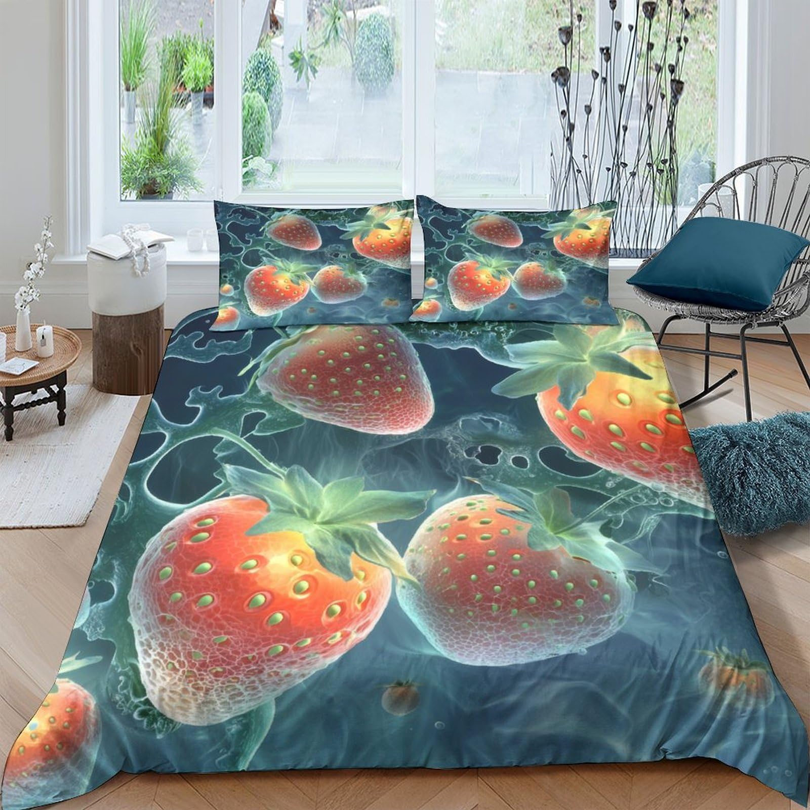 GPLZQXKJNH 3D Printed Strawberry Fruit Duvet Cover Set Microfiber Soft Breathable Fresh Berry Bedding Set with 2 Pillowcases for Bedroom Home Decor Single（135x200cm）