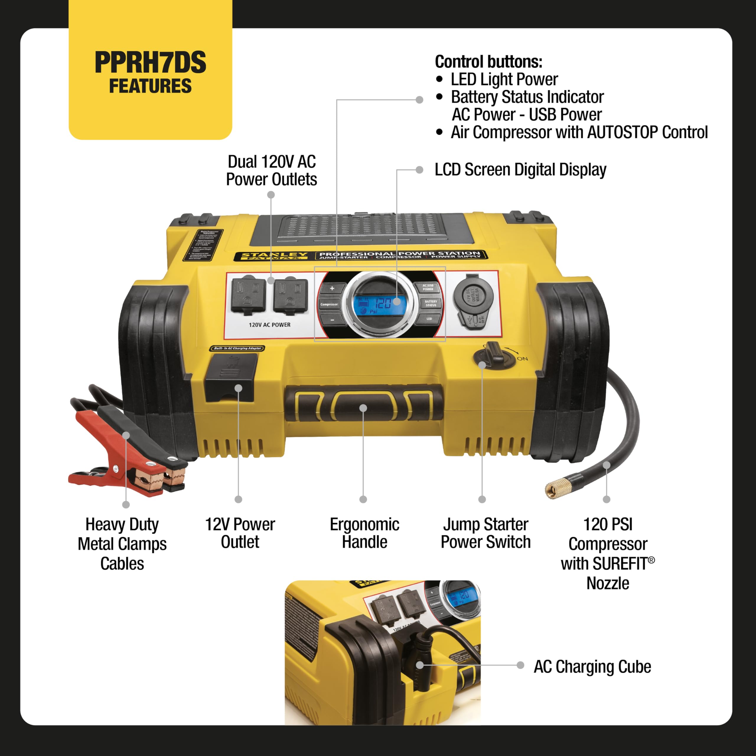 STANLEY PPRH7DS 1400 Peak Amp Battery Booster Jump Starter Power Station with USB AC Air Compressor — view 2