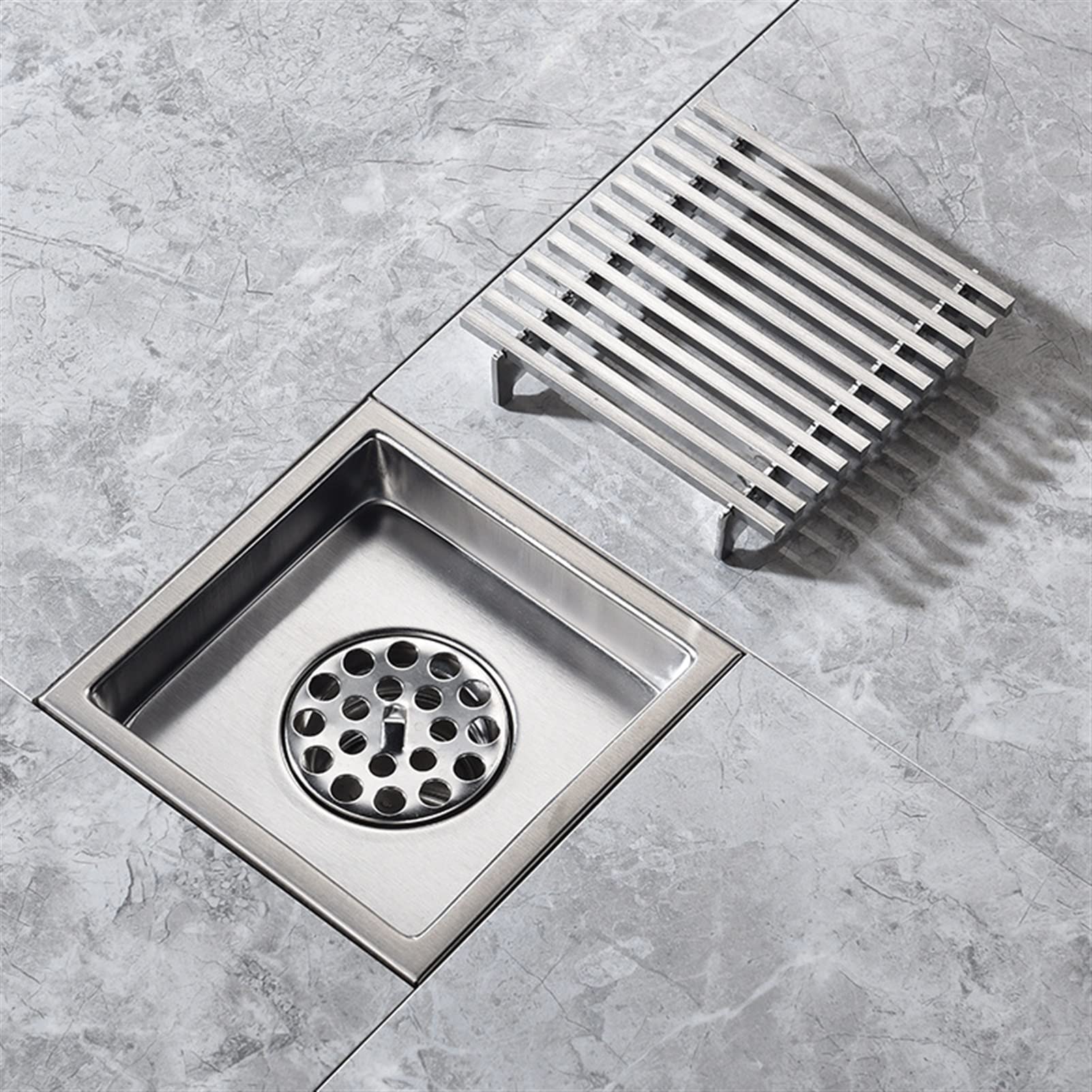 SUS304 Égouttoir de douche carré avec filtre à cheveux amovible 15,2 cm Égouttoir de sol pour cuisine, salle de bain, garage et sous-sol, finition blanche brossée
