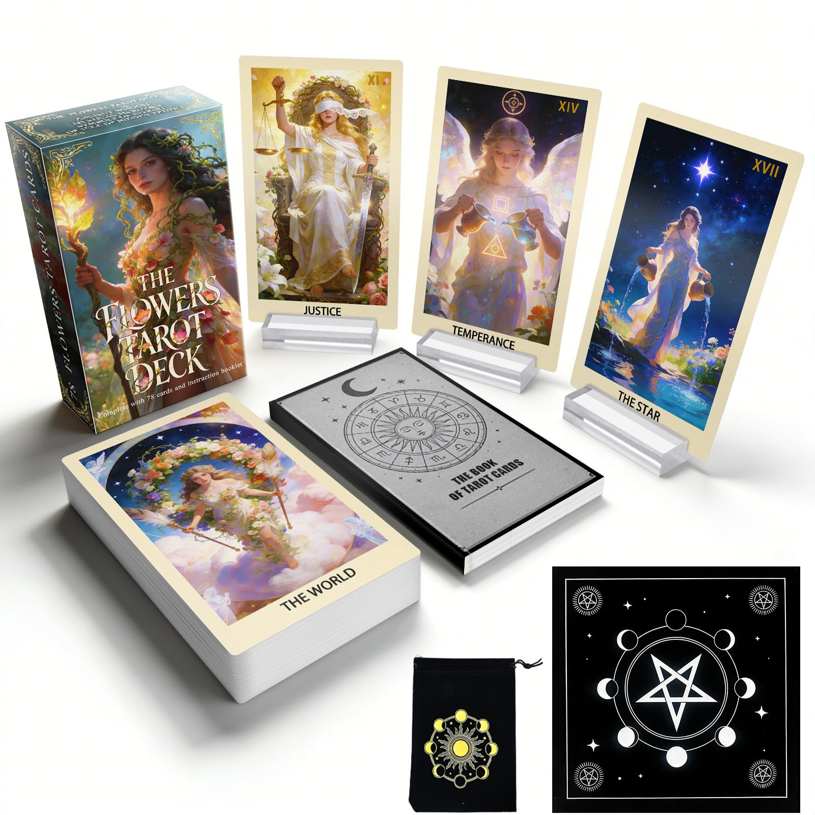 Powerful Floral Tarot Cards for Beginners, 78 Card Vintage Tarot Deck with Guidebook, Botanical Tarot Set with Velvet Cloth, Acrylic Stands & Pouch, Spiritual Gift for Women