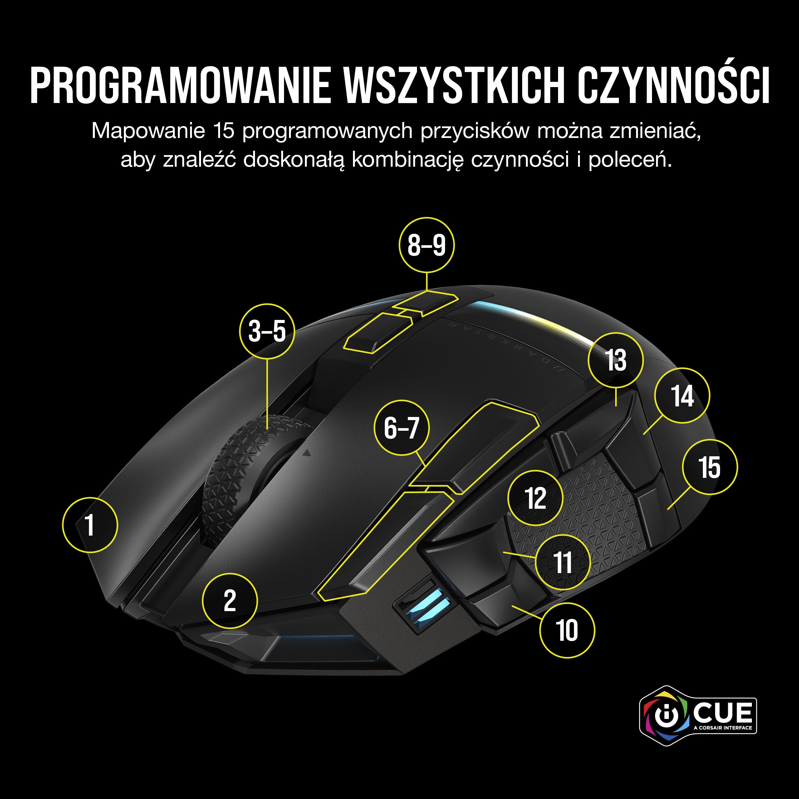 CORSAIR DARKSTAR WIRELESS MMO/MOBA Mysz do Gier - 26 000 DPI - 15 Programowalnych Przycisków - Konstrukcja Redukująca Naprężenia - Długa Żywotność Baterii - Czarny