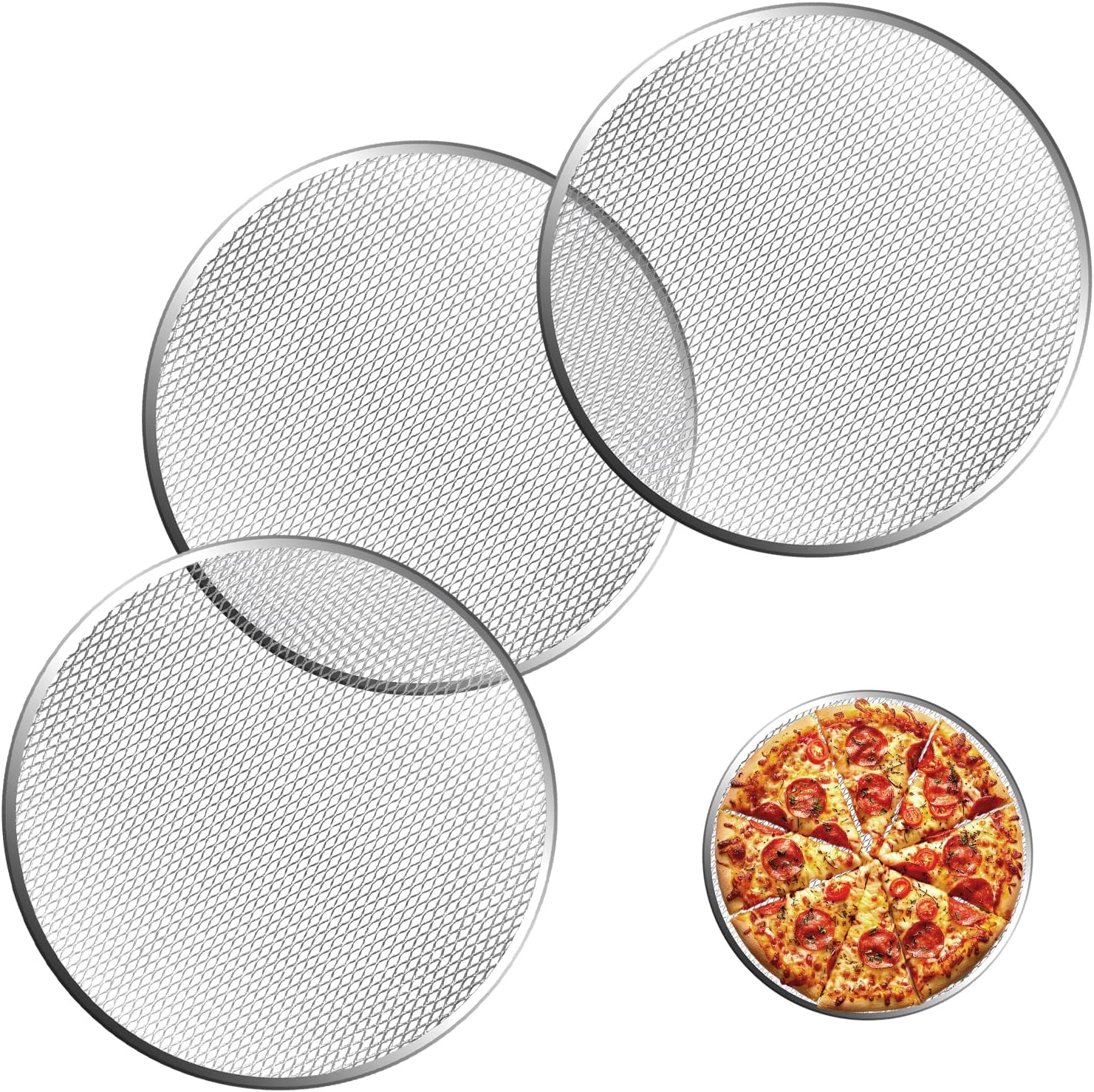 3 Pcs 12 Inch Pizza Screen, Aluminum Alloy Round Pizza Pan for Oven Nonstick Pizza Mesh Baking Tray, Seamless Rim Pizza Making Net for BBQ Home Kitchen Restaurant Supplies