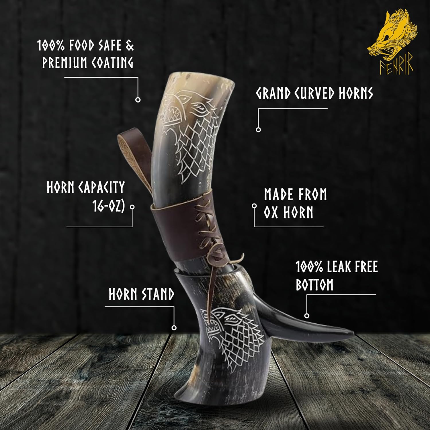 FENRIR Viking Drinking Horn With Stand 16 oz – Gifts for Men, Dad, Husband – Natural Ox Horn Cup with Thor Bottle Opener & Leather Holster – For Beer, Ale, Mead (WOLF NATURAL SHINE POLISHED)
