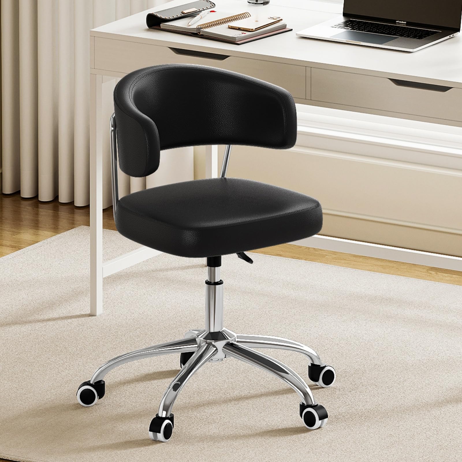 Outwin Modern Black Armless Swivel Desk Chair, Home/Office, Adjustable Height, 76 to 91 cm, 120 kg Capacity, Faux Leather Seat, Steel Frame, Hard Floor, Carpet