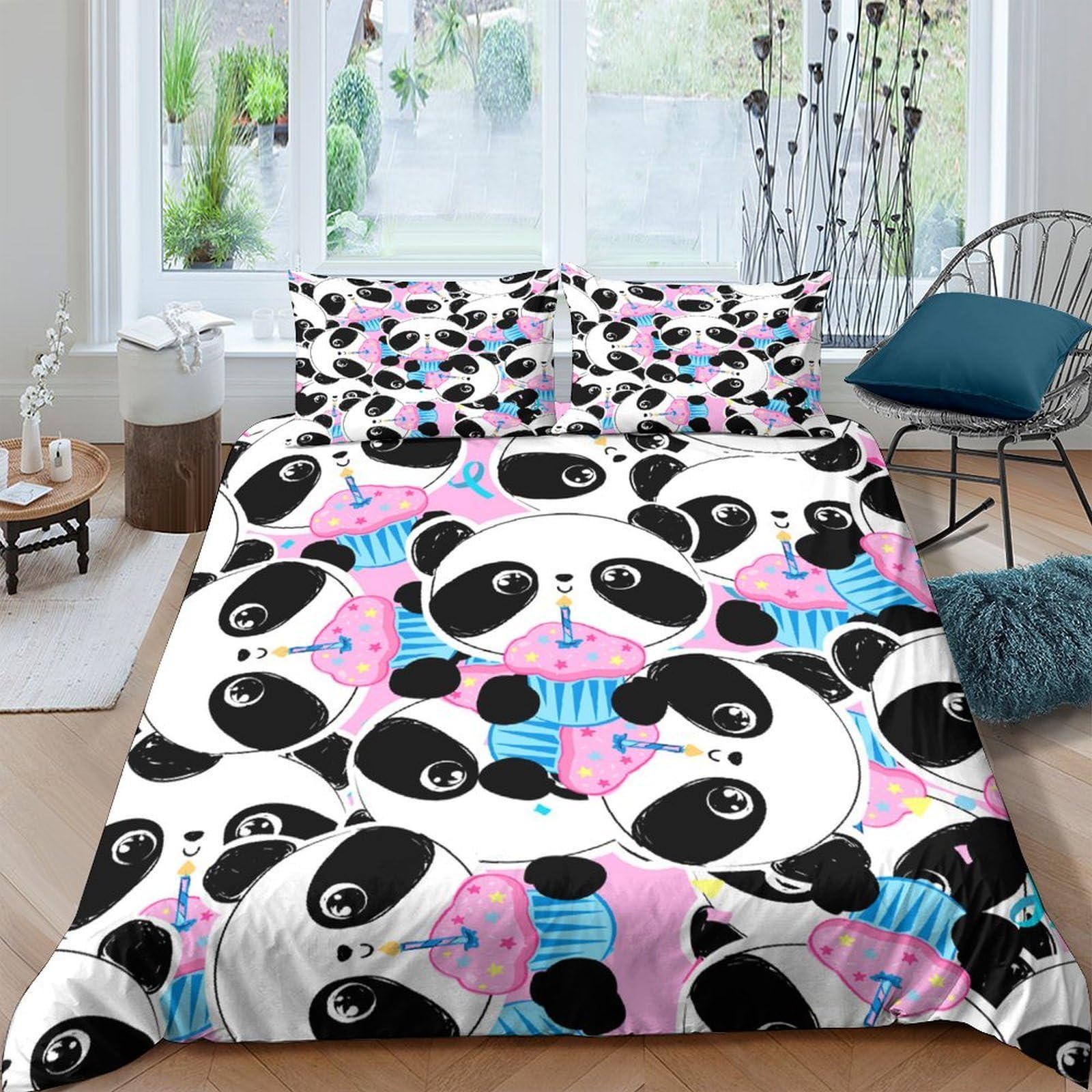 GPLZQXKJNH 3D Printed Cartoon Panda Duvet Cover Microfiber Soft Breathable Pastel Bedding Set with 2 Pillowcases for Bedroom Decor Single（135x200cm）