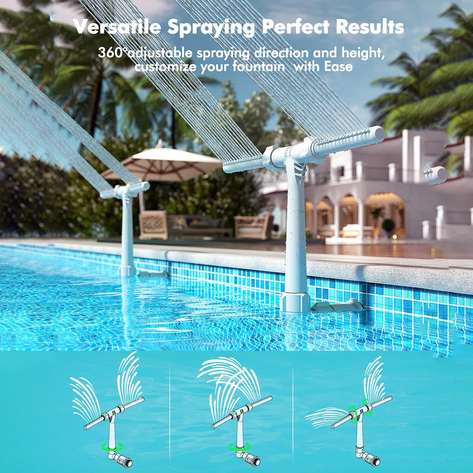 Fontana d'acqua per piscina e spa, con doppio spruzzo, design regolabile a 360°, fontana da piscina per piscine, fontana per irrigatori, ed efficiente, migliora la tua esperienza in piscina