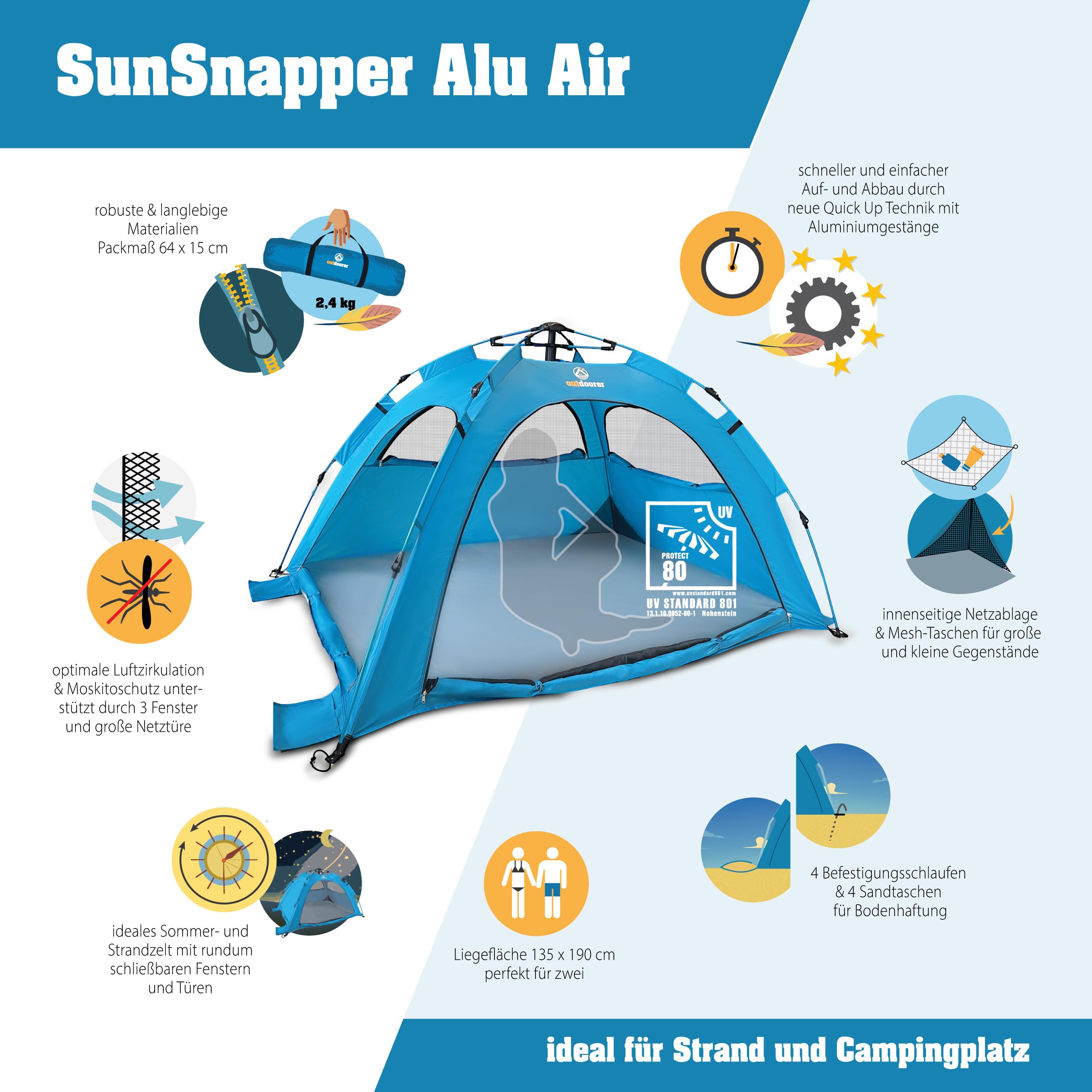 outdoorer UV 80 Automatik-Strandmuschel Sun Snapper Alu Air - ultraleichtes Strandzelt mit UV Schutz 80, Insektenschutz