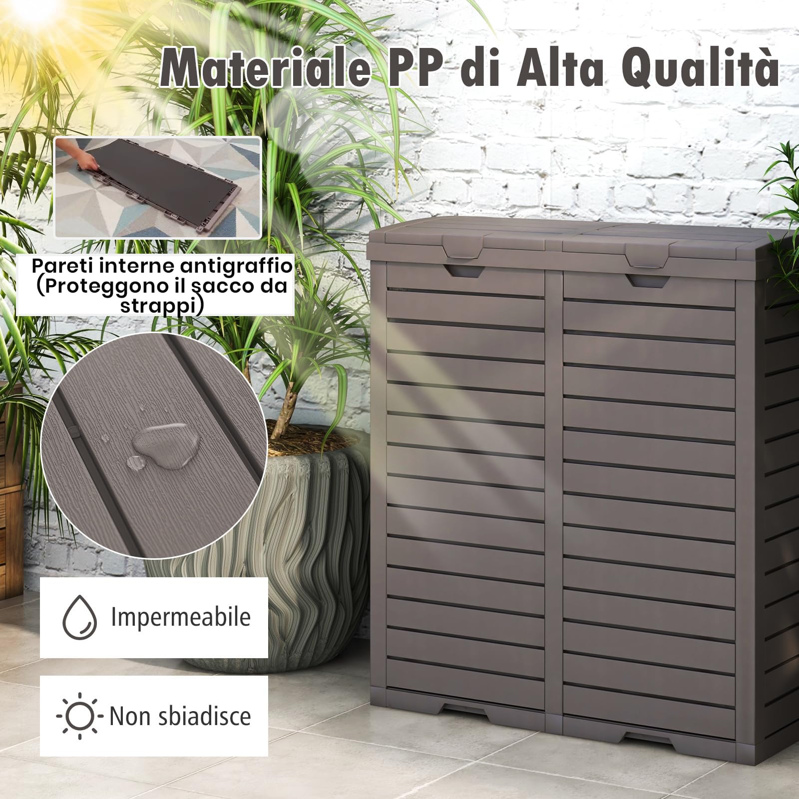 RELAX4LIFE Pattumiera Differenziata Esterno per Giardino a 1 o 2 Scomparti, con Vassoio per Liquidi, Coperchio e Maniglia,in Resina Resist. Intemperie(1, MARRONE, 235L)