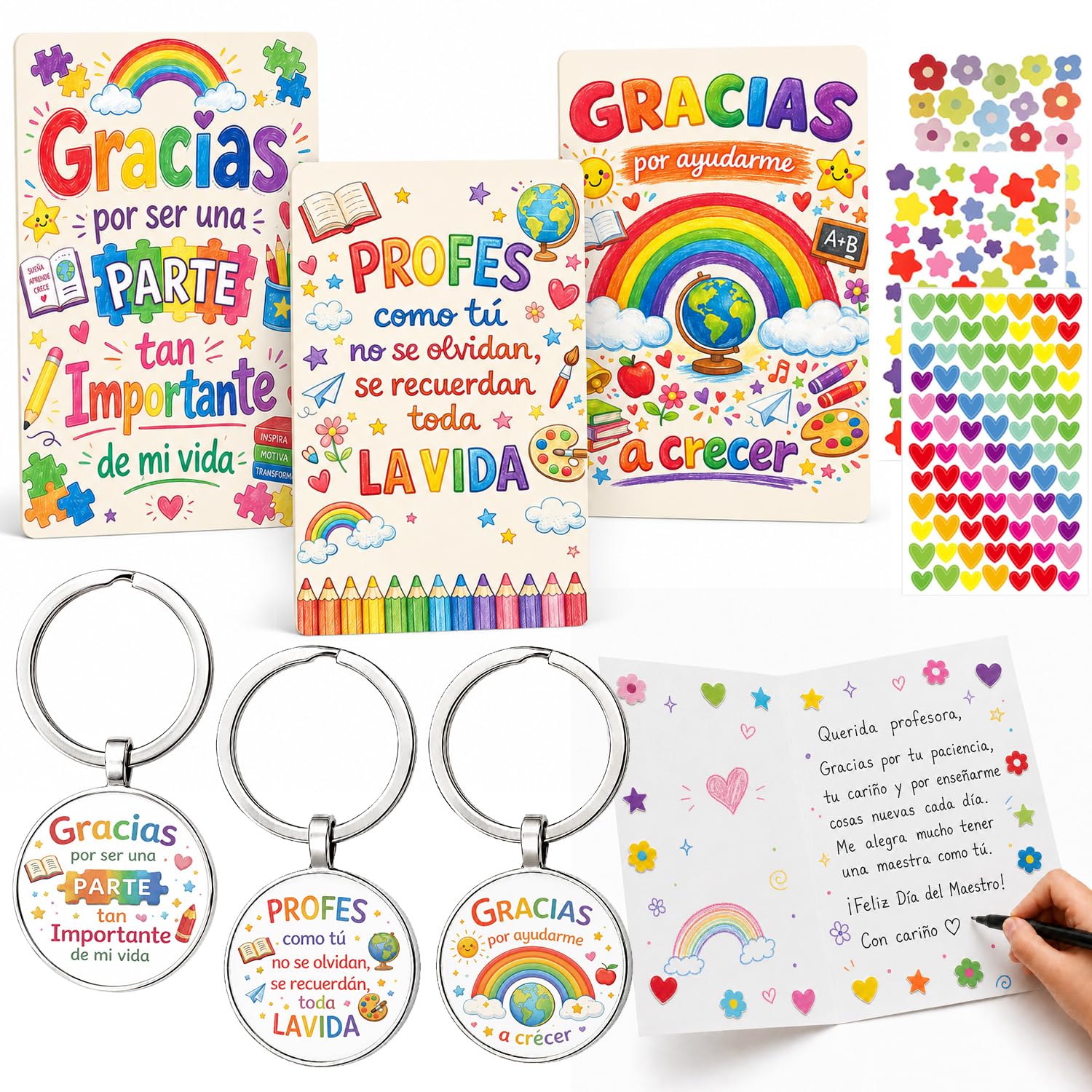 Regalo Profesora, Set de 3 Tarjetas y 3 Llaveros para Profesora, Regalo para Profesora Infantil con Pegatinas, Detalle de Agradecimiento para Maestra, Fin de Curso, Día del Maestro