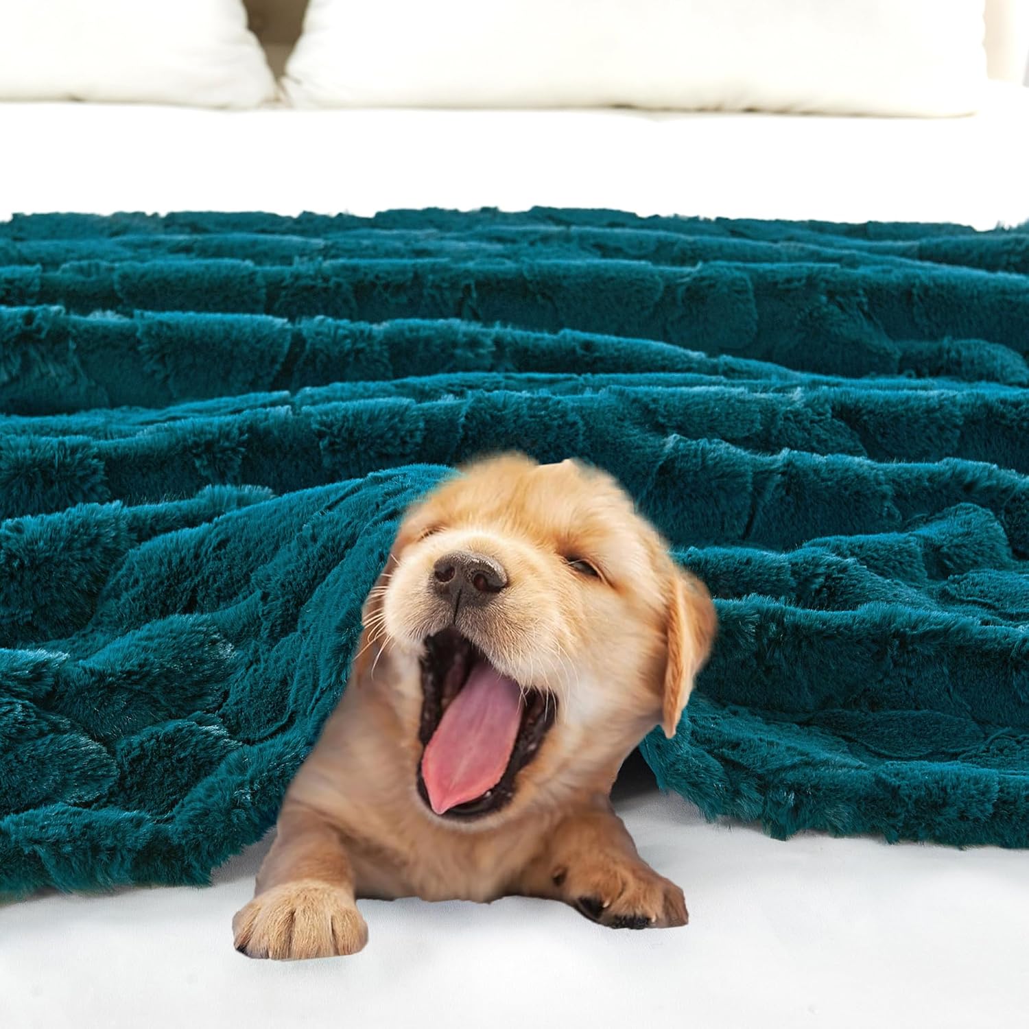 3D Clouds Embossed Luxury Faux Fur Throw Blanket Reversible to Cozy Velvet, Soft Plush Warm Elegant Fuzzy Blanket for Couch, Bed, Sofa Fluffy Decorative Blankets, 50"x60", Dark Teal