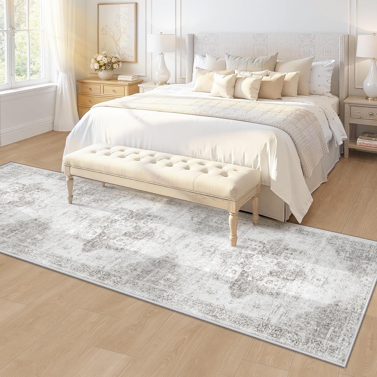 Runner Rug 2x8 Washable Rug, Vintage Boho Medallion Hallway Runner Non-Slip Soft Low Pile Distressed Floor Carpet Retro Doormat for Kitchen Bedroom Laundry Entryway Bathroom (Grey, 2'x8') thumbnail