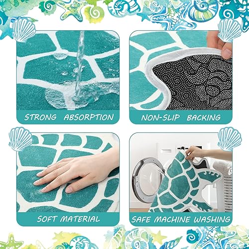 Miniatura 3 de Haull Tapetes de baño de tortuga para baño, playa, antideslizantes, diseño de tortuga azul, cubierta lavable, alfombra de suelo con temática de mar