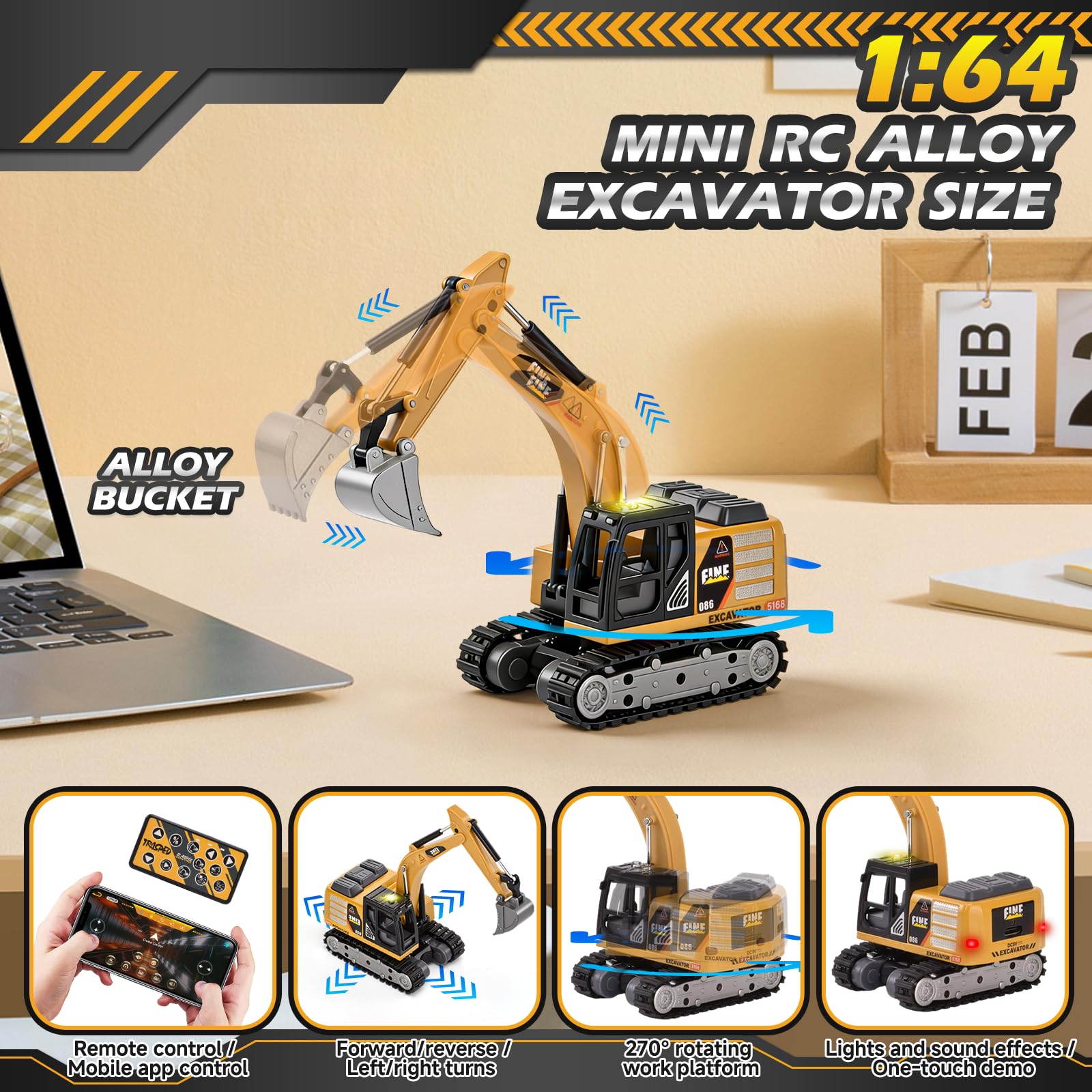 Mini Pelle Télécommandée, 1:64 Pelleteuse Télécommandée avec Pelle Métallique, 2,4 GHz RC Pelleteuse avec Lumières et Sons, 2 Vitesses, Rechargeable USB – pour Enfants à Partir de 3 Ans - 4