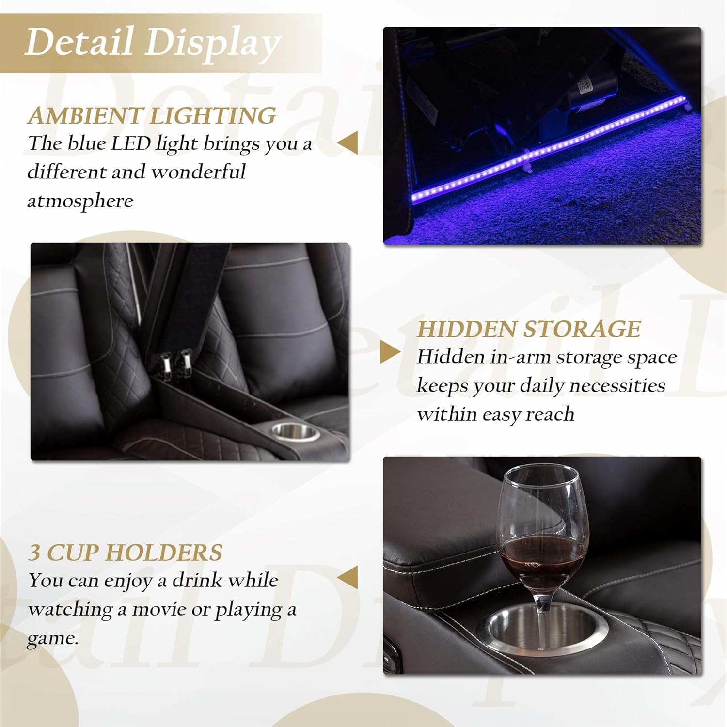 TUNYI Home Theater Recliner Chair - Power Recliner Sofa Chair with Adjustable Headrest Faux Leather Reclining Chair with USB/Storage/LED Light/Cup Holder (Brown, 2 Seat)