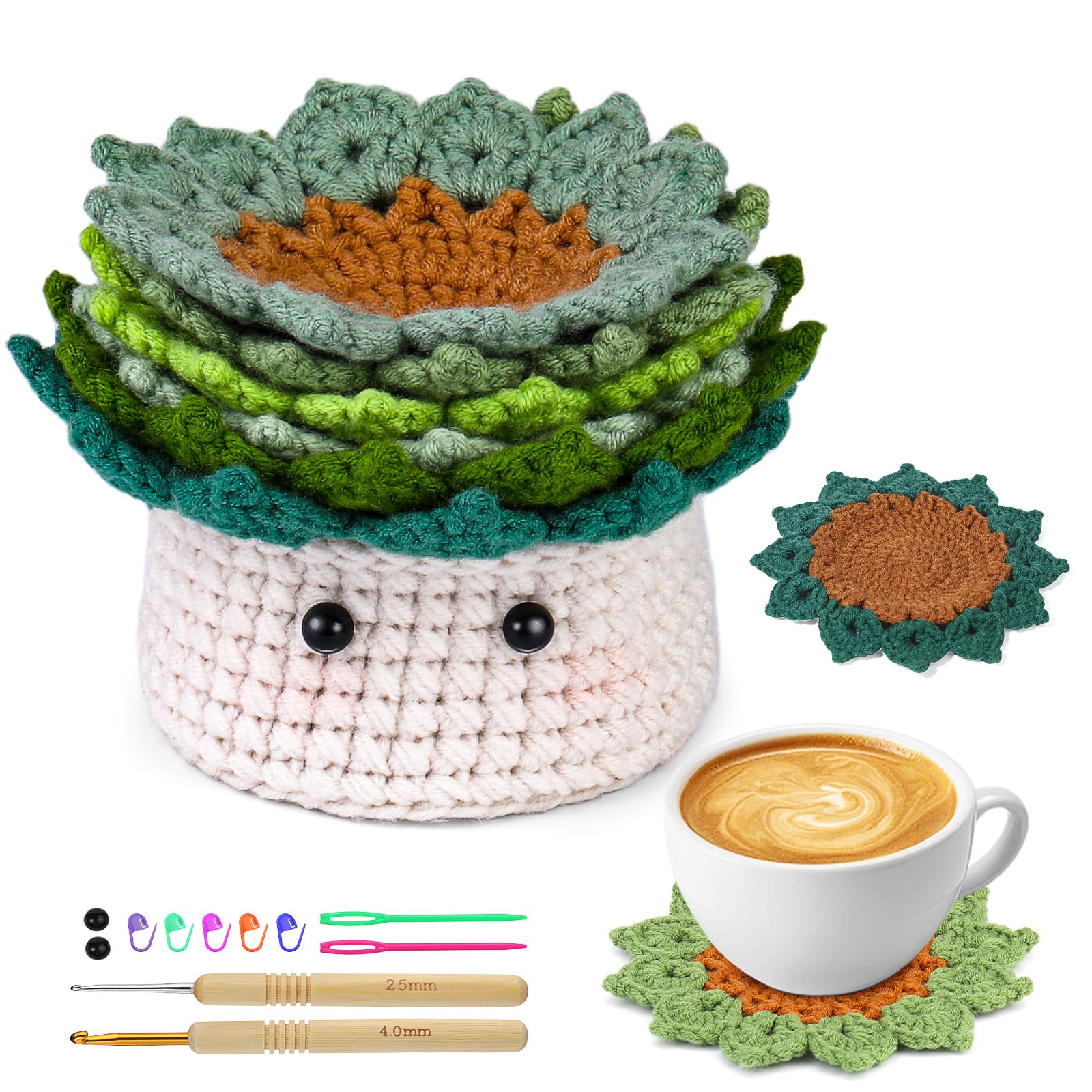 FTEVEN Crochet Kit for Beginners, 6PCS Coasters Crochet Starter Kit Plant Pot, Knitting Supplies Kit with Step-by-Step Video Tutorials, Crochet Yarn for Adults DIY Present