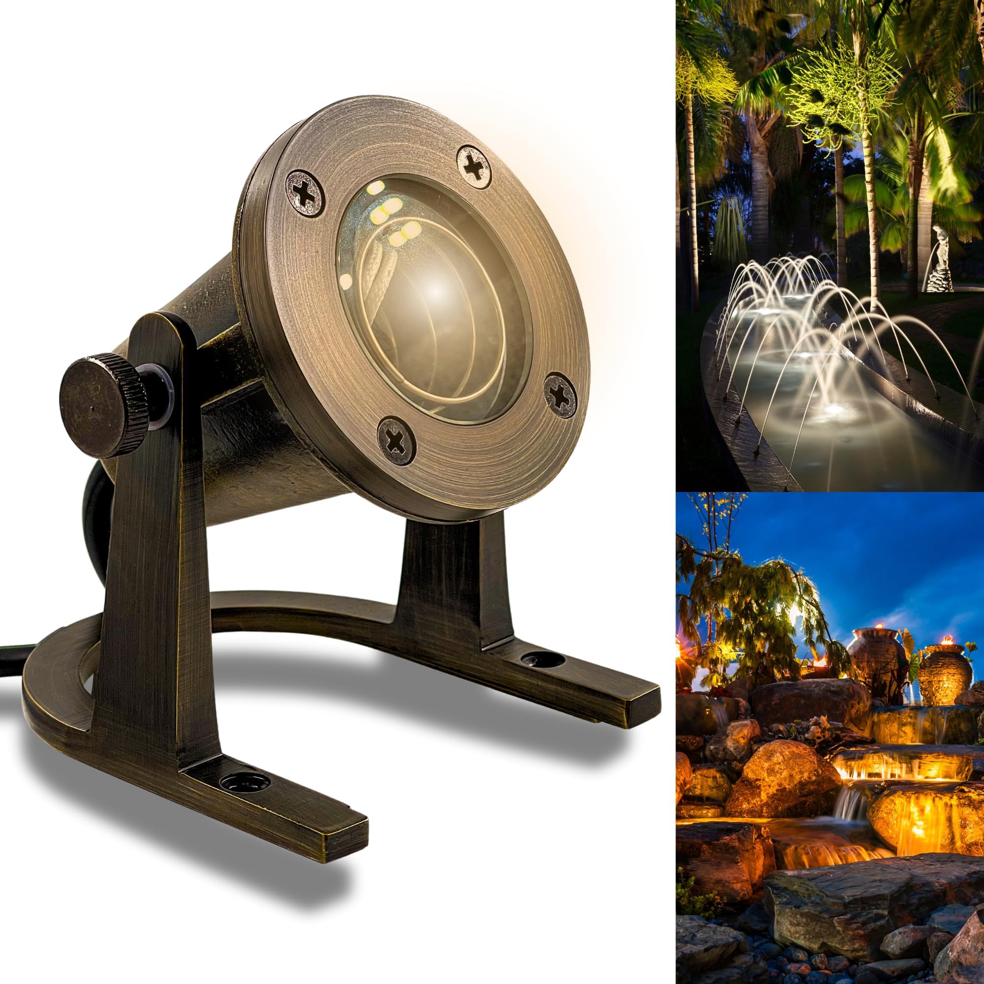 Underwater Light 172 - Solid Brass Underwater Pond Lights LED Submersible Waterfall Pool Pond Fountain Lighting Long Lasting IP 68 Waterproof Lighting with Connectors (No Bulb)